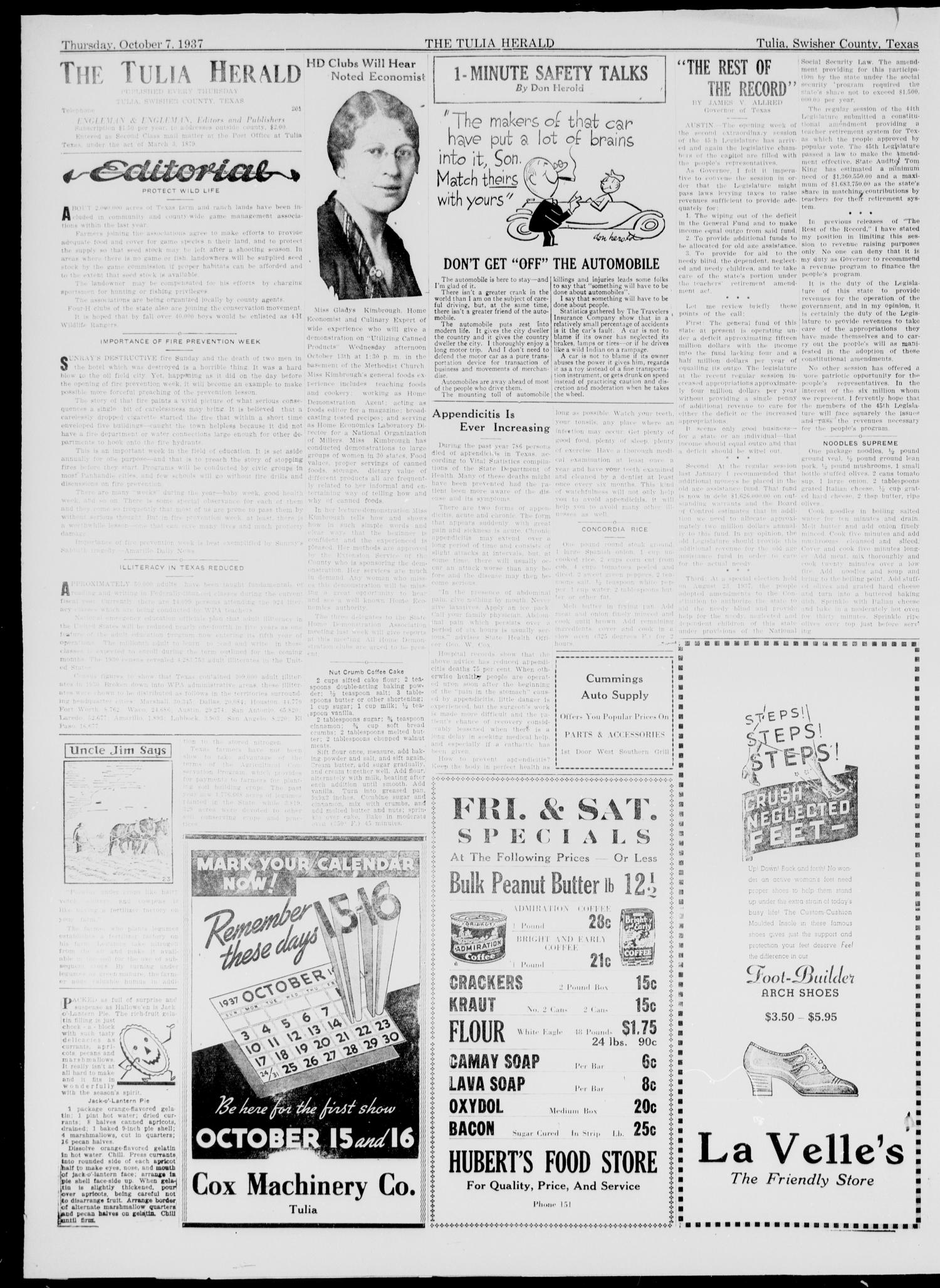 The Tulia Herald (Tulia, Tex), Vol. 28, No. 40, Ed. 1, Thursday, October 7, 1937
                                                
                                                    22
                                                
