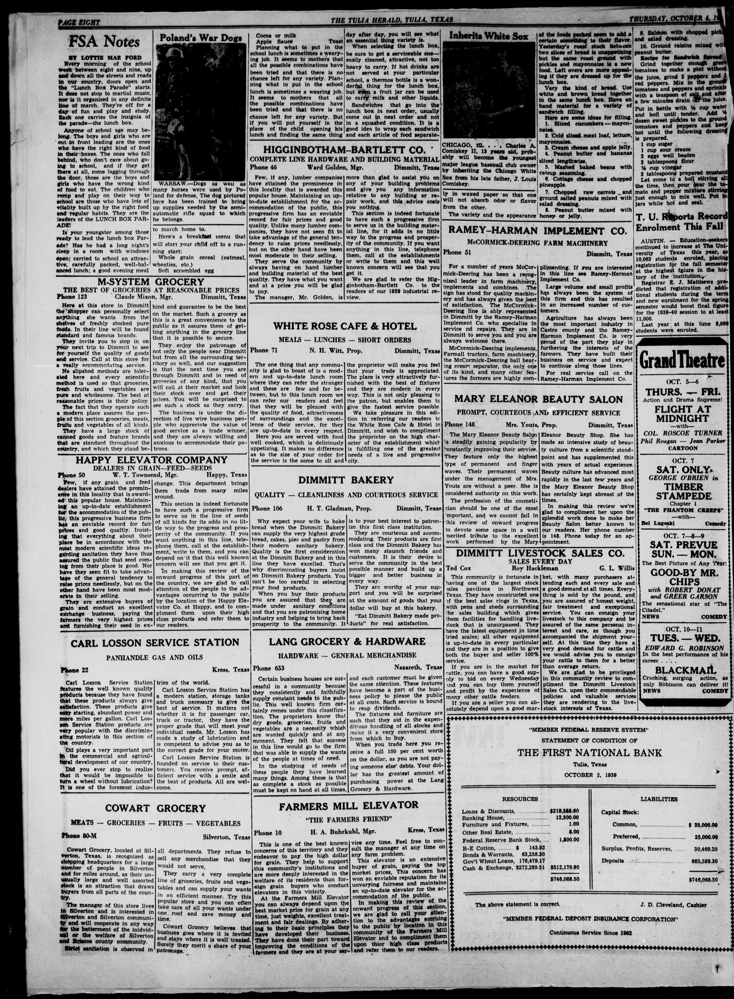 The Tulia Herald (Tulia, Tex), Vol. 30, No. 40, Ed. 1, Thursday, October 5, 1939
                                                
                                                    8
                                                
