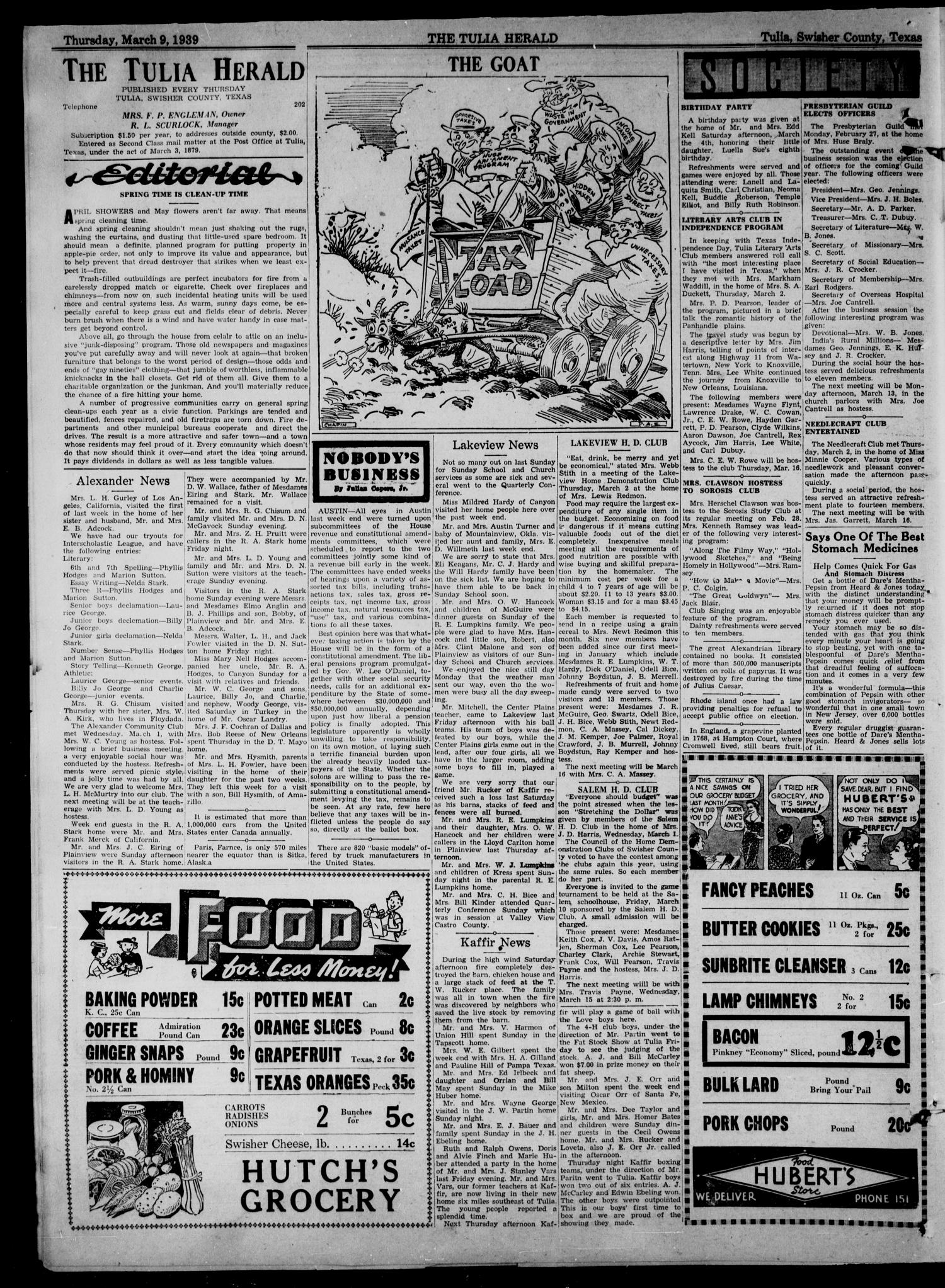 The Tulia Herald (Tulia, Tex), Vol. 30, No. 10, Ed. 1, Thursday, March 9, 1939
                                                
                                                    4
                                                