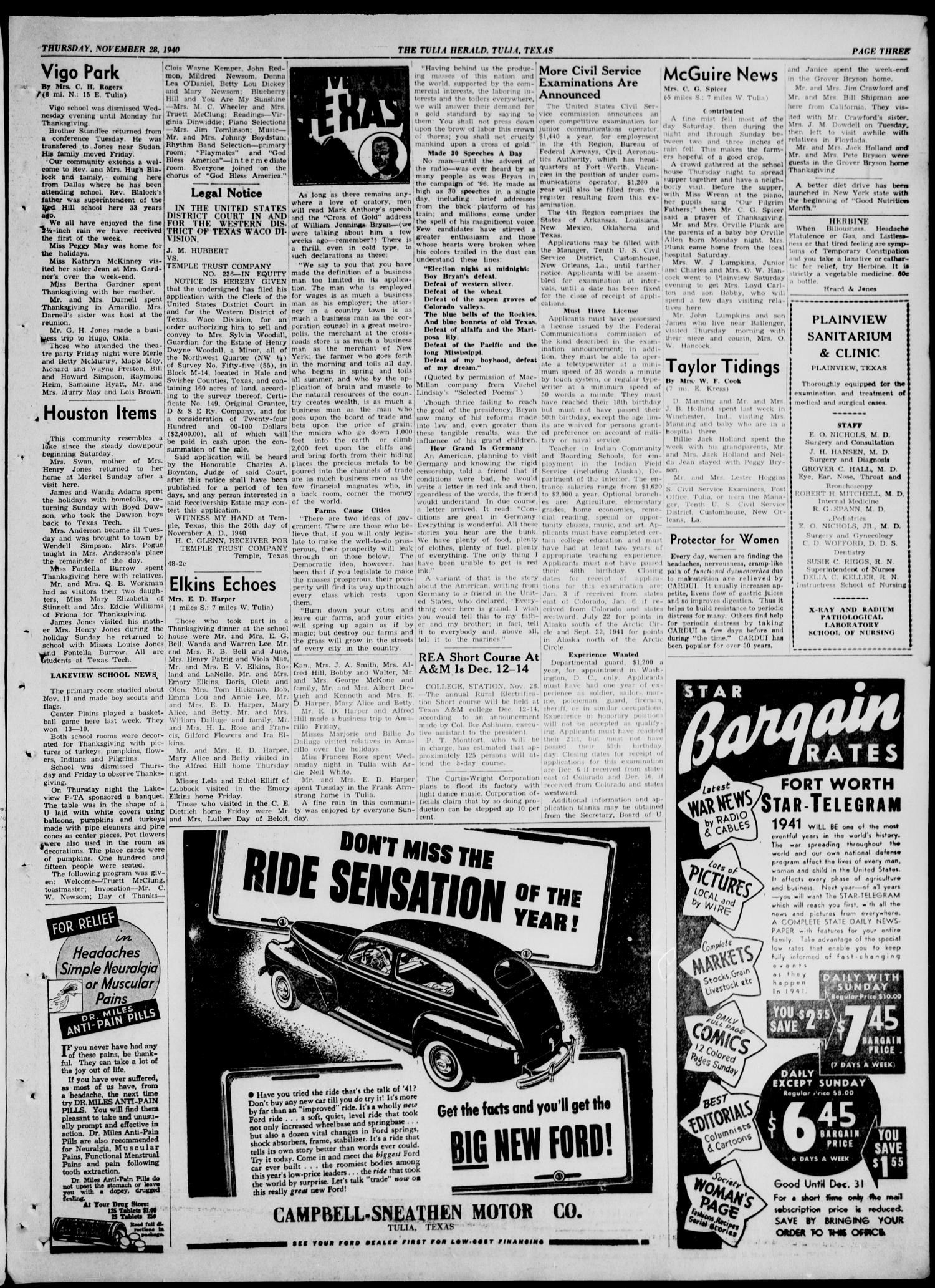 The Tulia Herald (Tulia, Tex), Vol. 31, No. 48, Ed. 1, Thursday, November 28, 1940
                                                
                                                    15
                                                