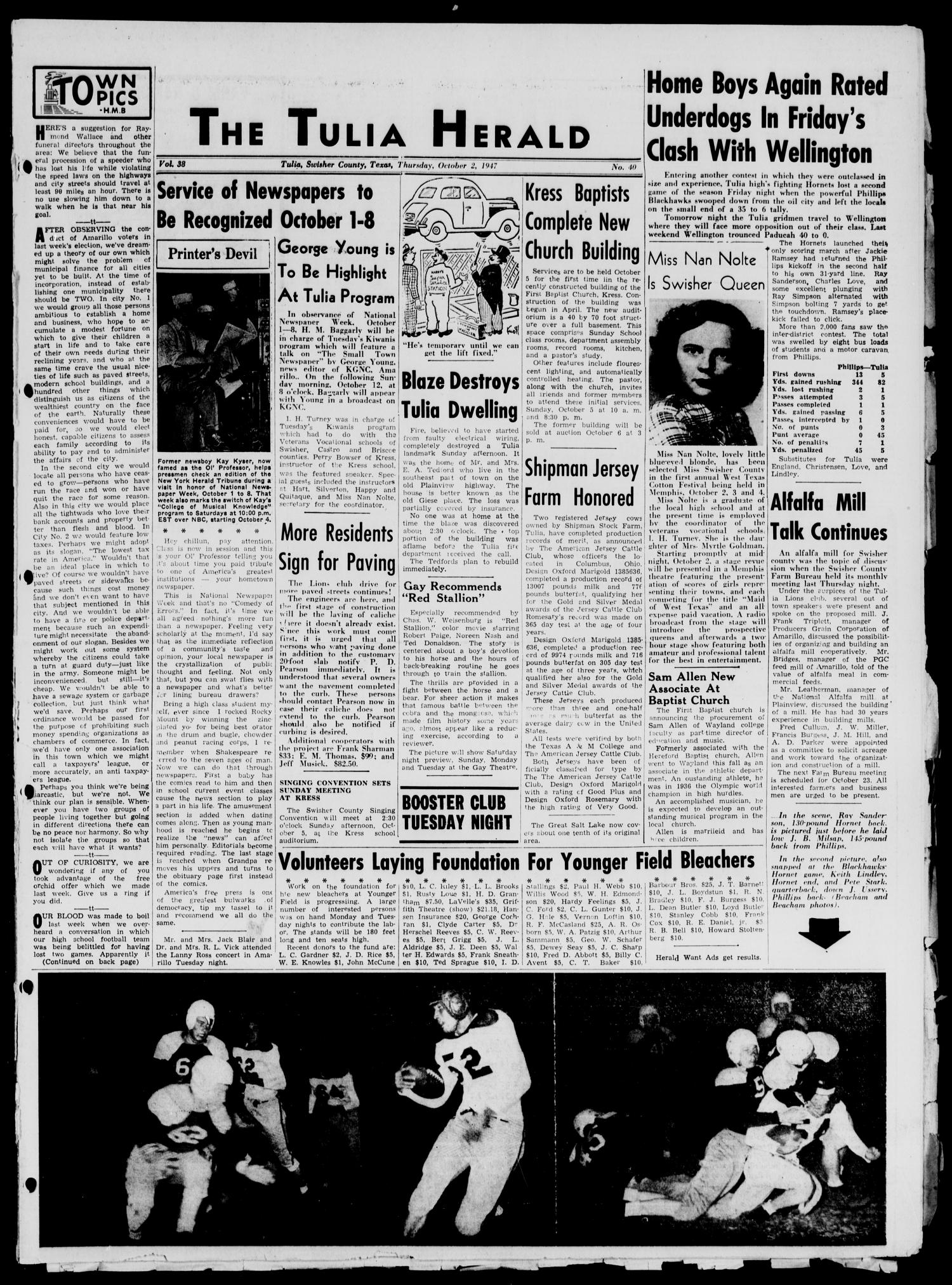 The Tulia Herald (Tulia, Tex), Vol. 38, No. 40, Ed. 1, Thursday, October 2, 1947
                                                
                                                    1
                                                