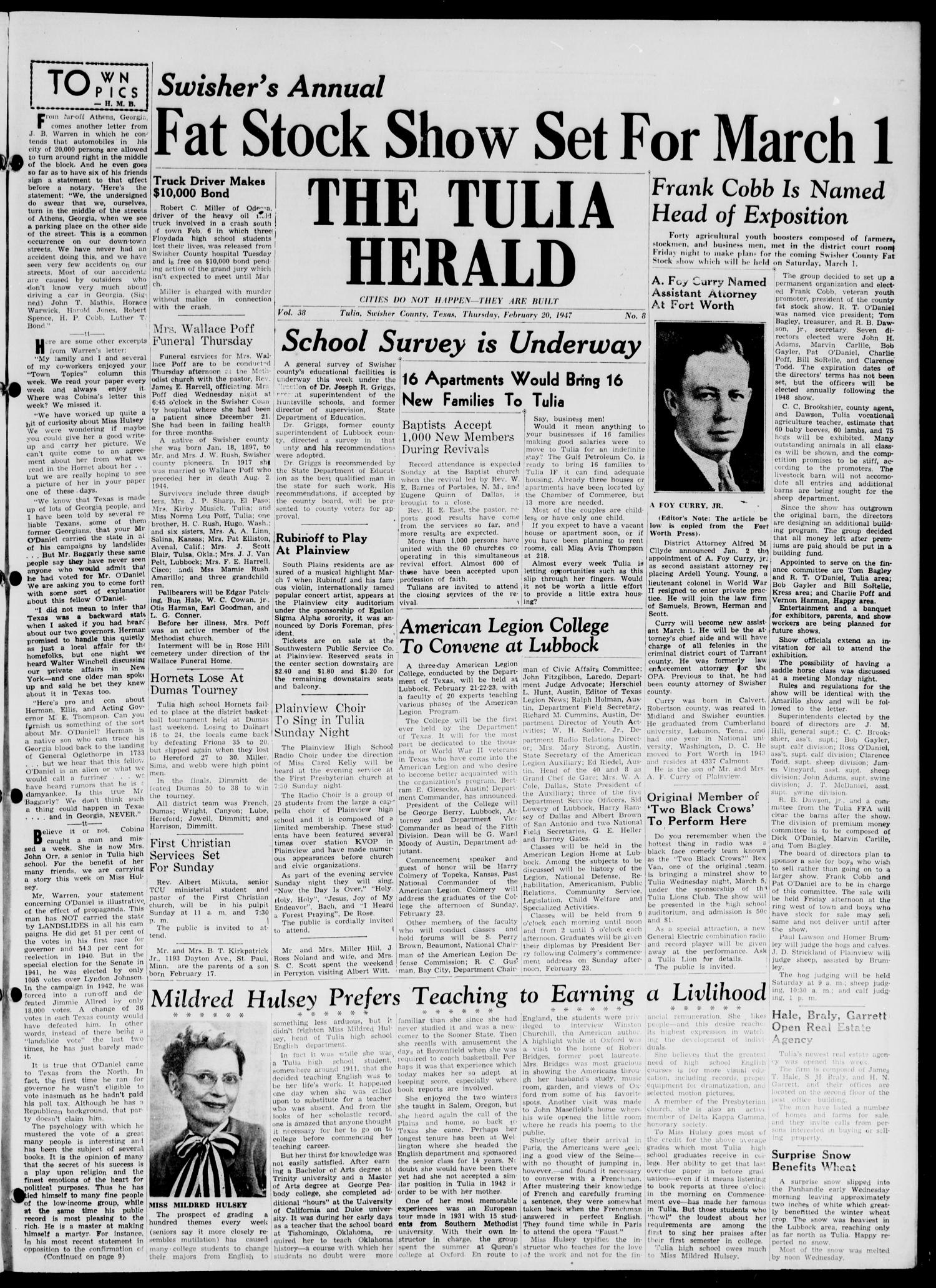 The Tulia Herald (Tulia, Tex), Vol. 38, No. 8, Ed. 1, Thursday, February 20, 1947
                                                
                                                    1
                                                