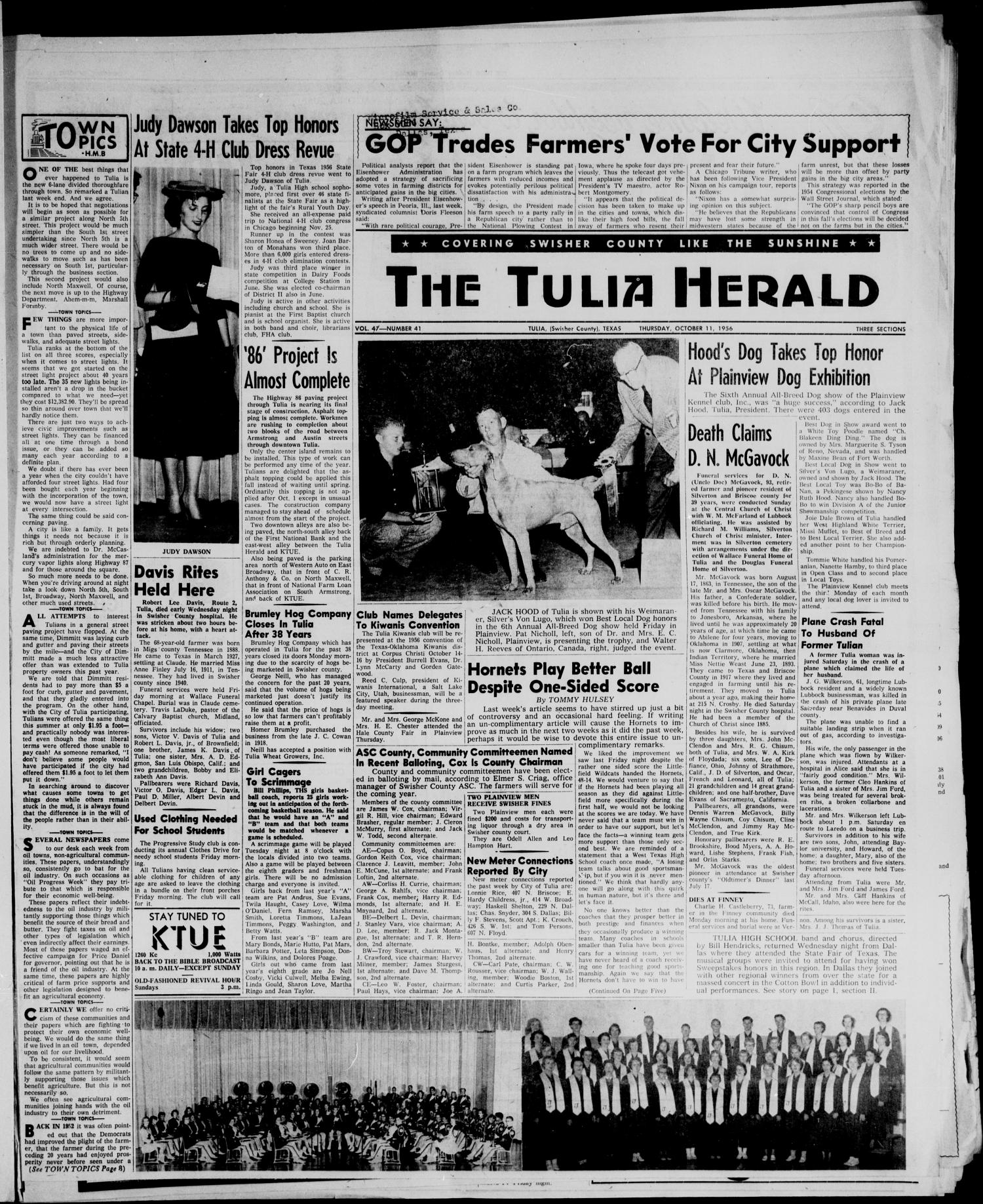 The Tulia Herald (Tulia, Tex), Vol. 47, No. 41, Ed. 1, Thursday, October 11, 1956
                                                
                                                    1
                                                
