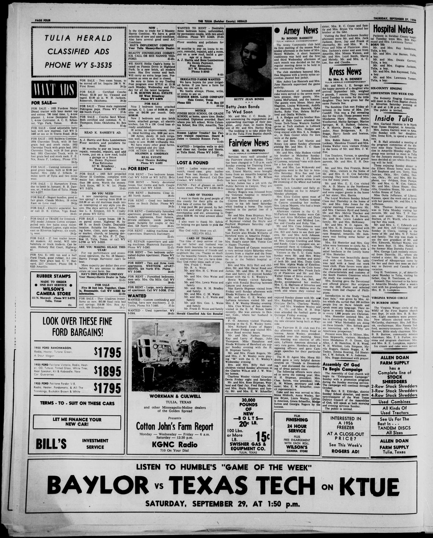 The Tulia Herald (Tulia, Tex), Vol. 47, No. 39, Ed. 1, Thursday, September 27, 1956
                                                
                                                    4
                                                