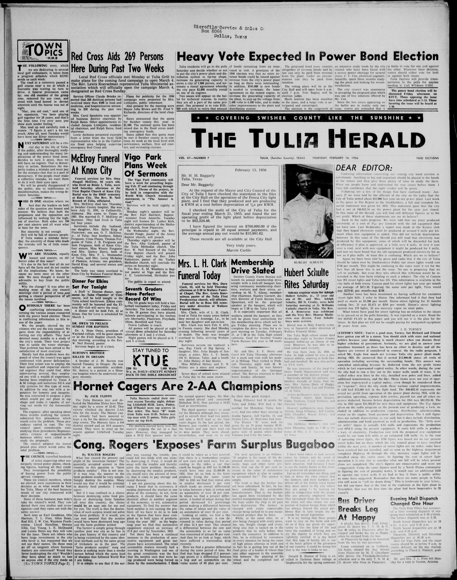 The Tulia Herald (Tulia, Tex), Vol. 47, No. 7, Ed. 1, Thursday, February 16, 1956
                                                
                                                    1
                                                