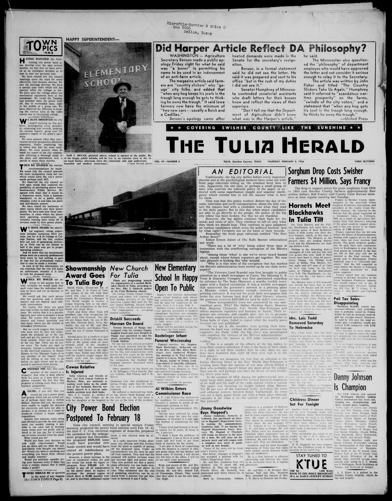 The Tulia Herald (Tulia, Tex), Vol. 47, No. 5, Ed. 1, Thursday, February 2, 1956
                                                
                                                    1
                                                
