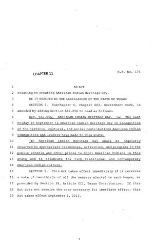 Primary view of object titled '83rd Texas Legislature, Regular Session, House Bill 174, Chapter 11'.