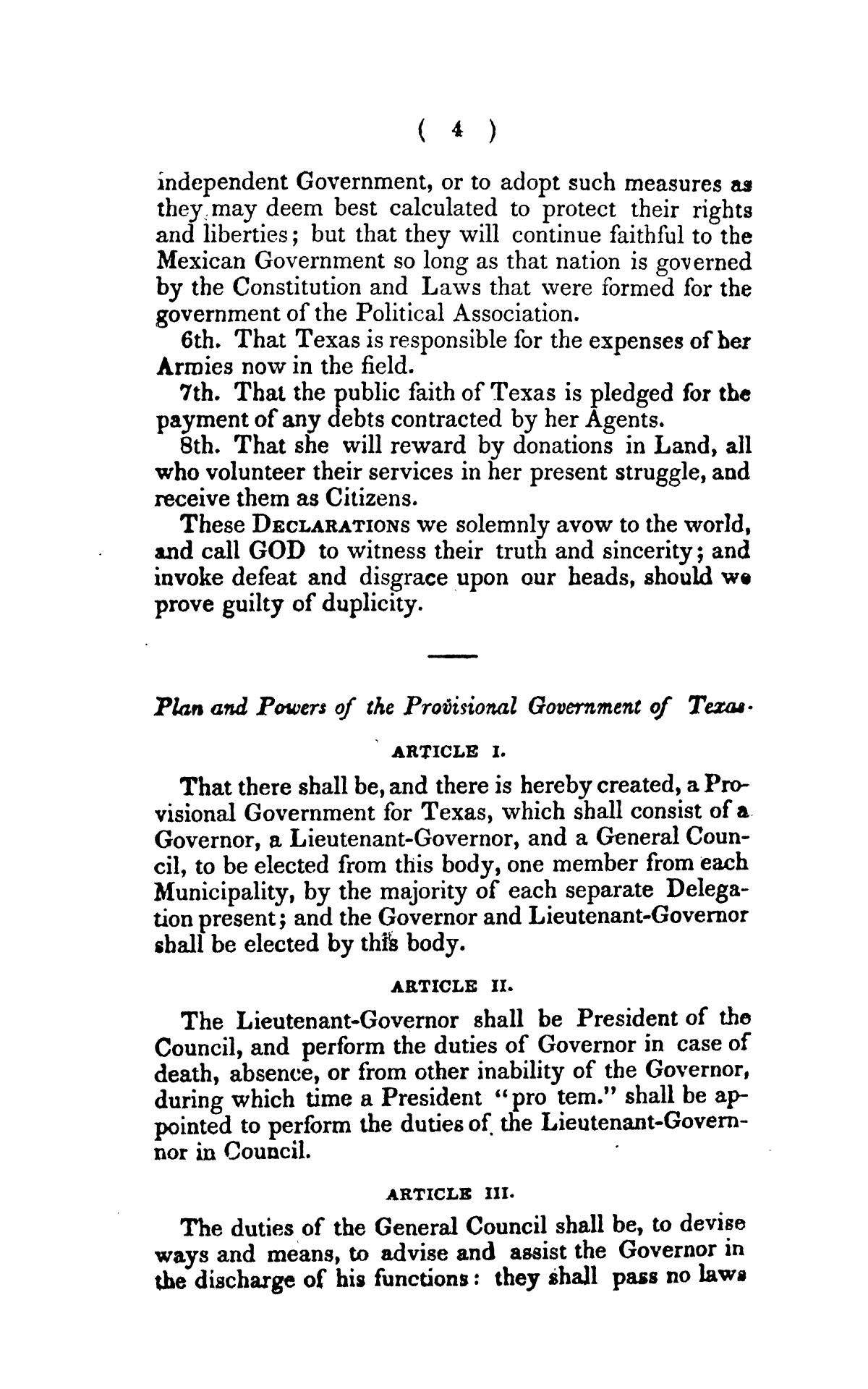 Ordinances and Decrees of the Consultation, Provisional Government of Texas and the Convention, Which Assembled at Washington March 1, 1836.
                                                
                                                    4
                                                