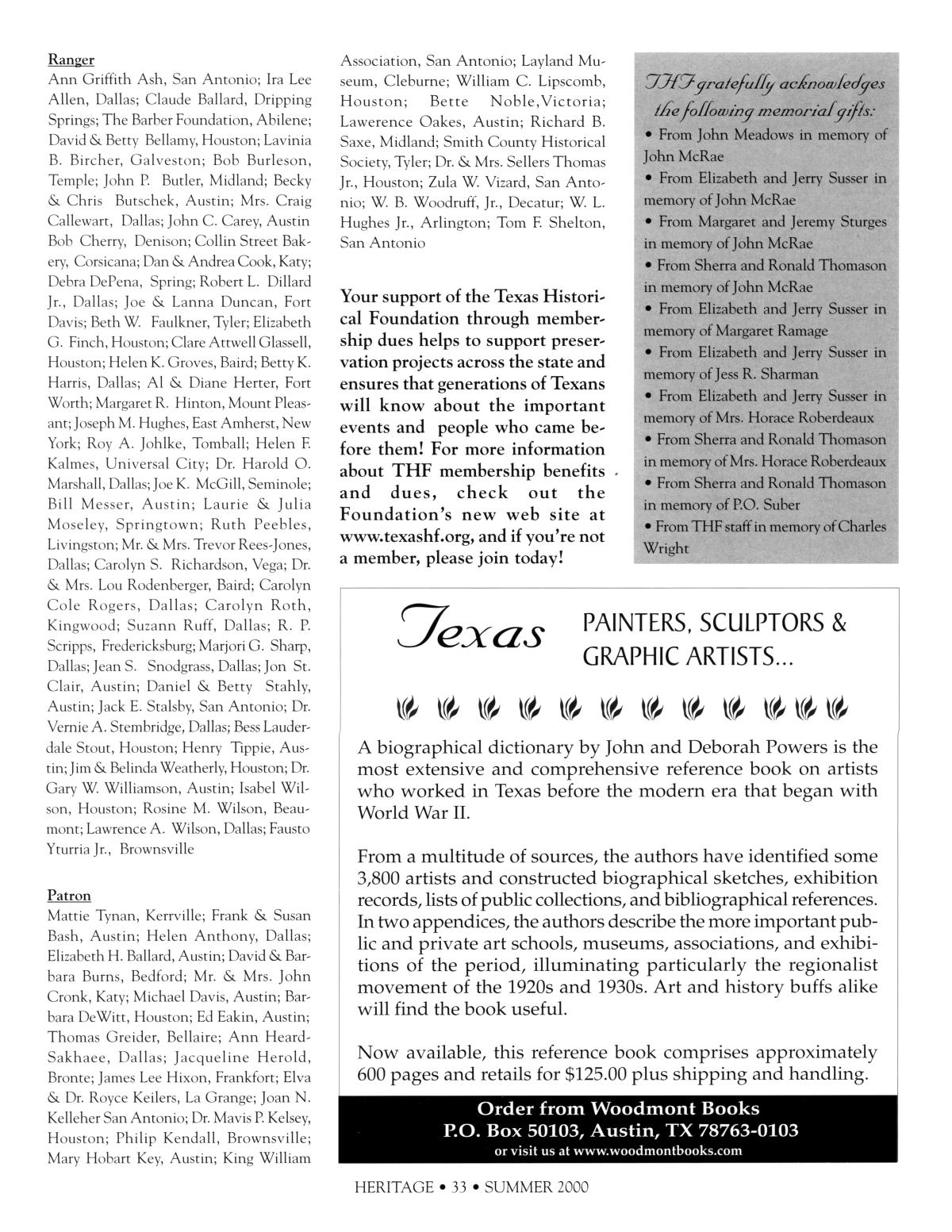 Texas Heritage, Volume 18, Number 3, Summer 2000
                                                
                                                    33
                                                