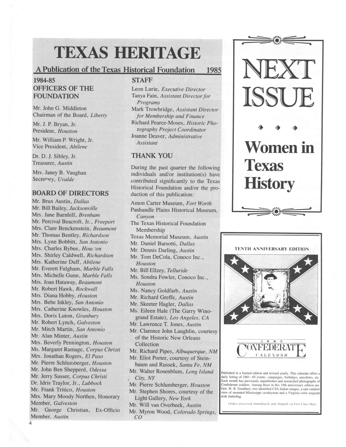 Texas Heritage, Winter 1985
                                                
                                                    4
                                                