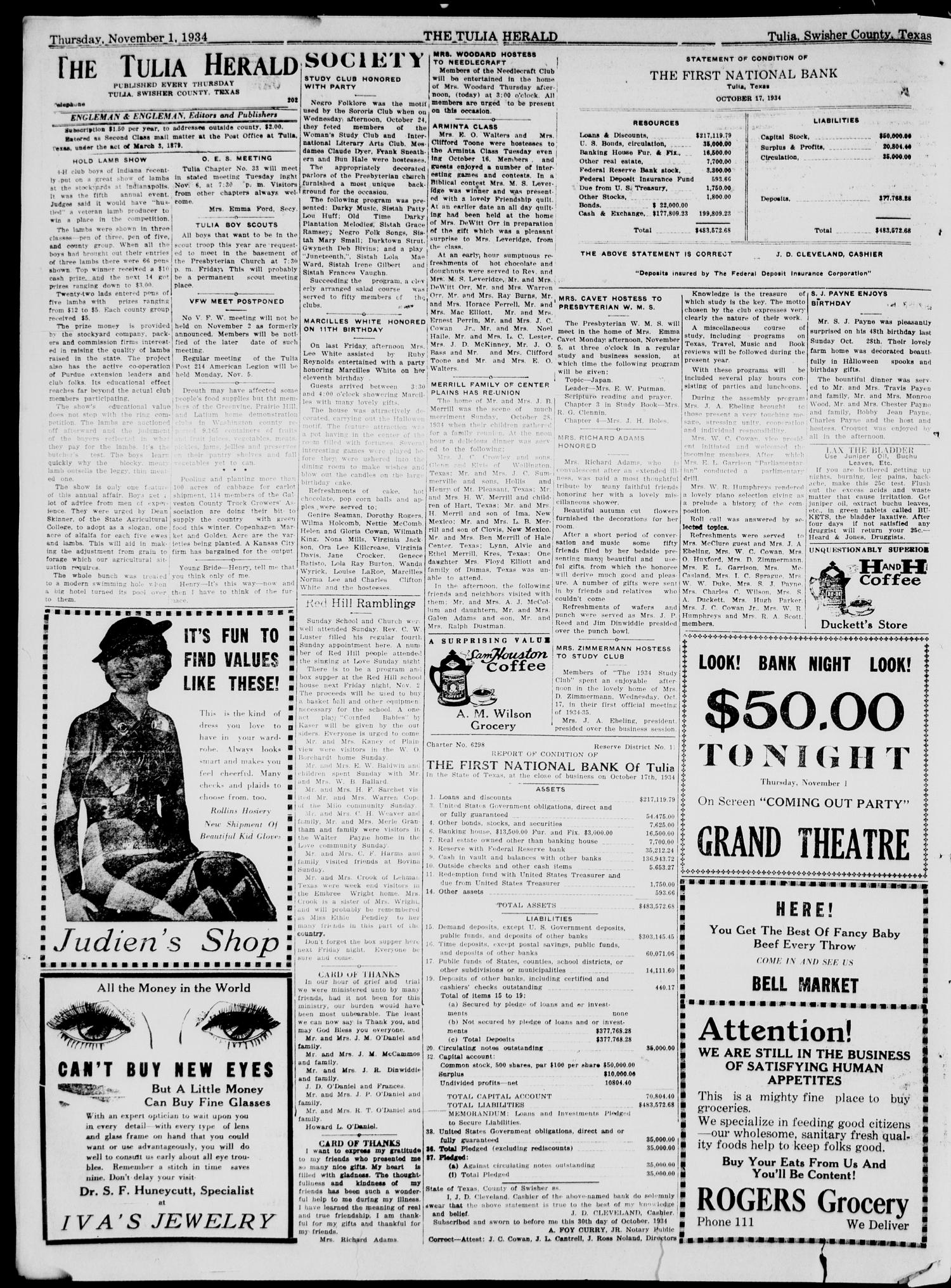 The Tulia Herald (Tulia, Tex), Vol. 25, No. 44, Ed. 1, Thursday, November 1, 1934
                                                
                                                    12
                                                