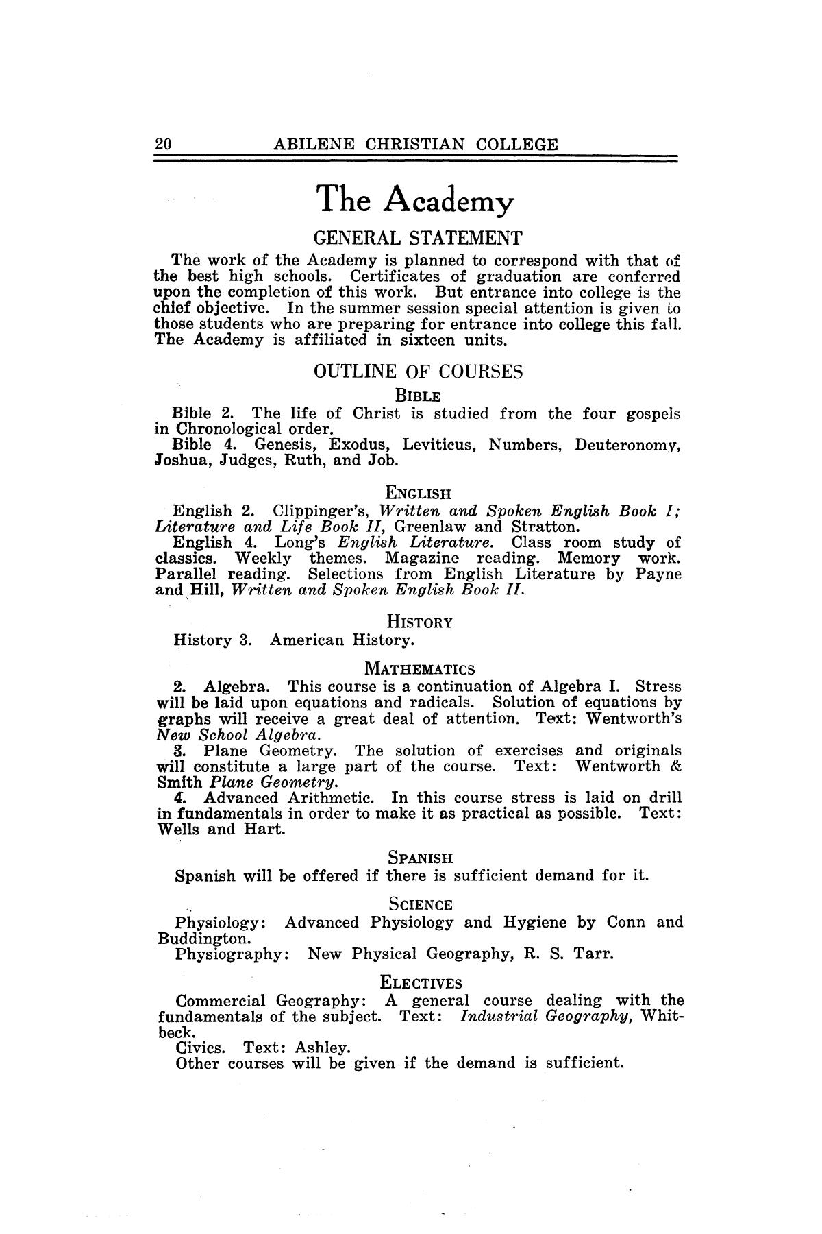 Catalog of Abilene Christian College, 1928
                                                
                                                    20
                                                