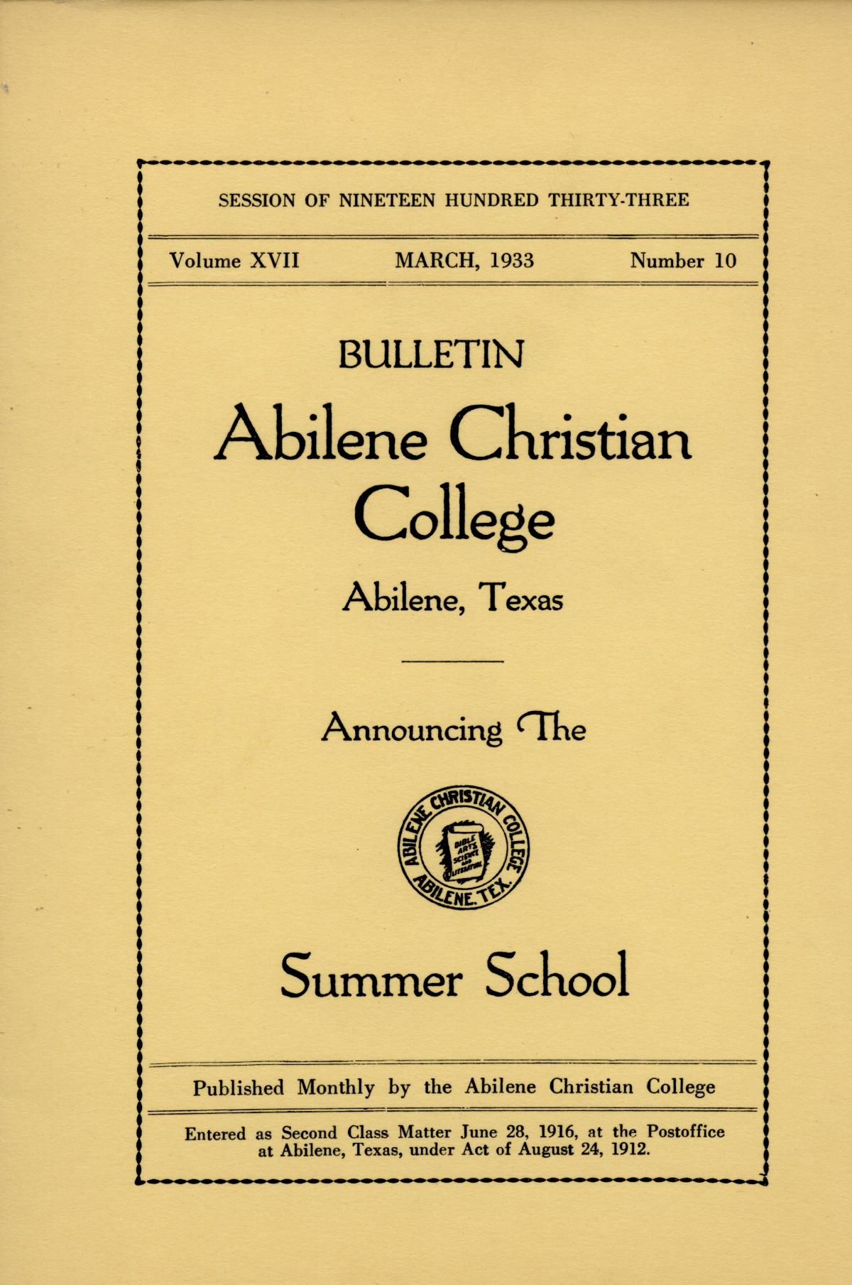 Catalog of Abilene Christian College, 1933
                                                
                                                    Front Cover
                                                