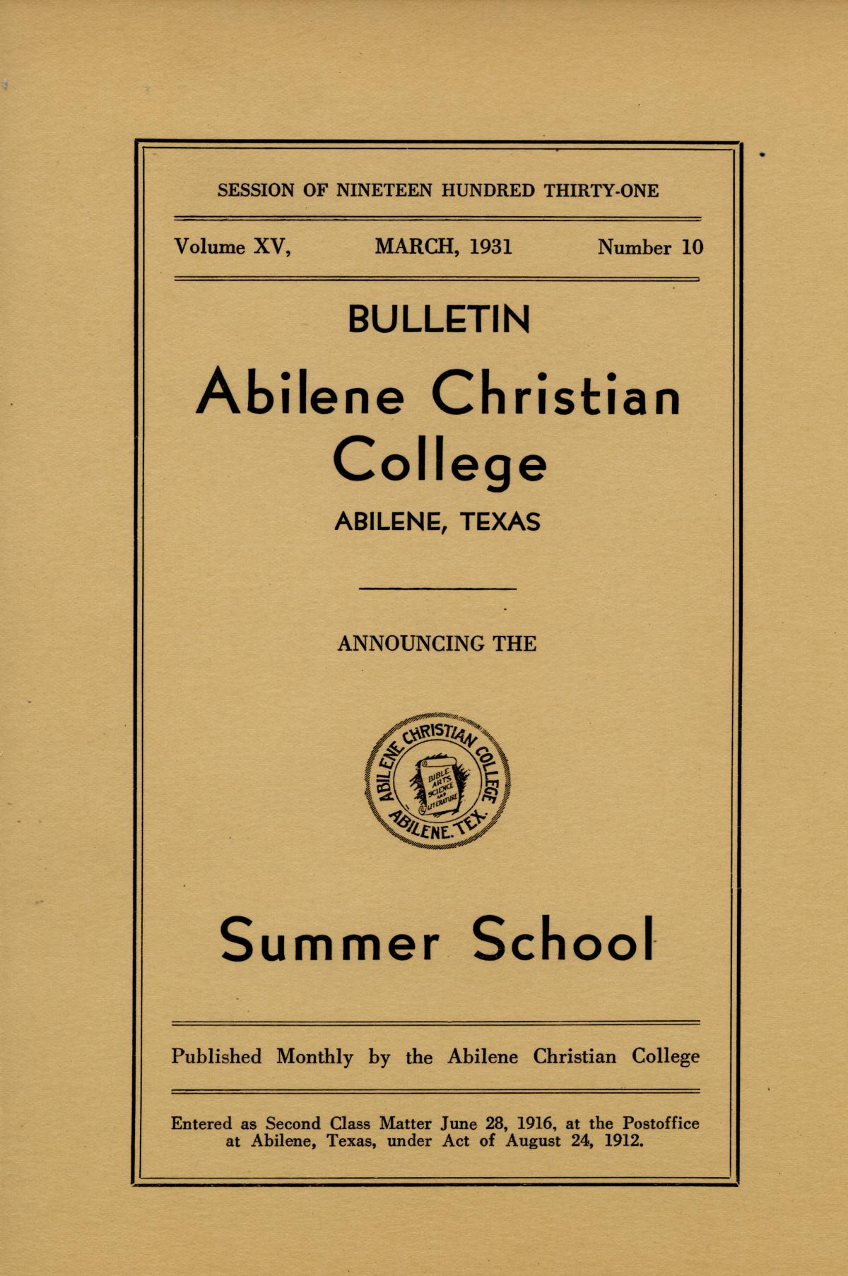 Catalog of Abilene Christian College, 1931
                                                
                                                    Front Cover
                                                