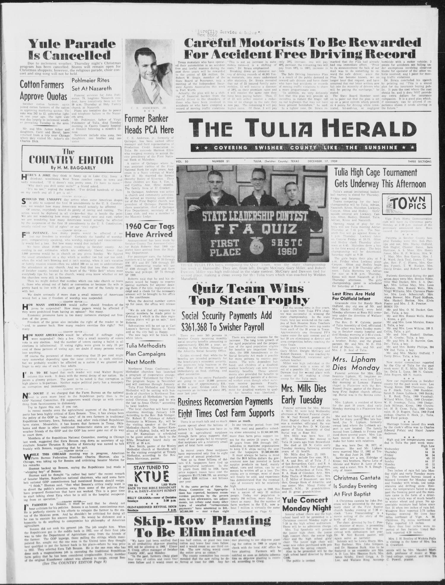 The Tulia Herald (Tulia, Tex), Vol. 50, No. 51, Ed. 1, Thursday, December 17, 1959
                                                
                                                    1
                                                