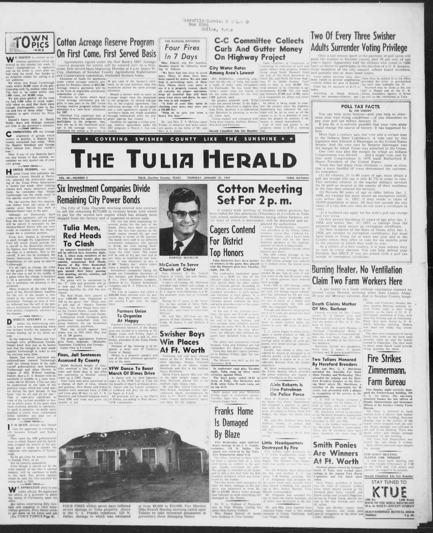 The Tulia Herald (Tulia, Tex), Vol. 48, No. 5, Ed. 1, Thursday, January 31, 1957
                                                
                                                    1
                                                