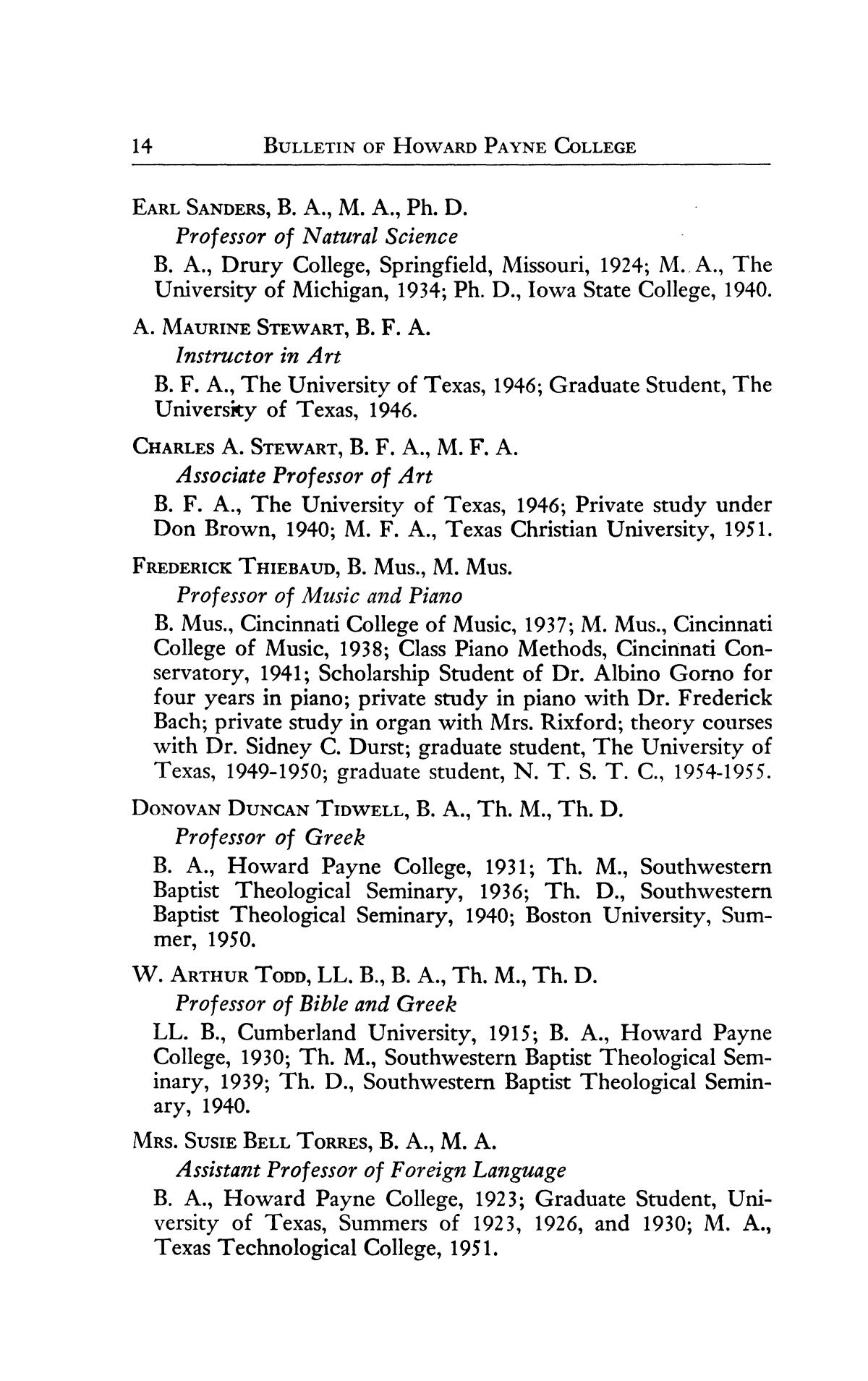 Catalog of Howard Payne College, 1954-1955
                                                
                                                    14
                                                