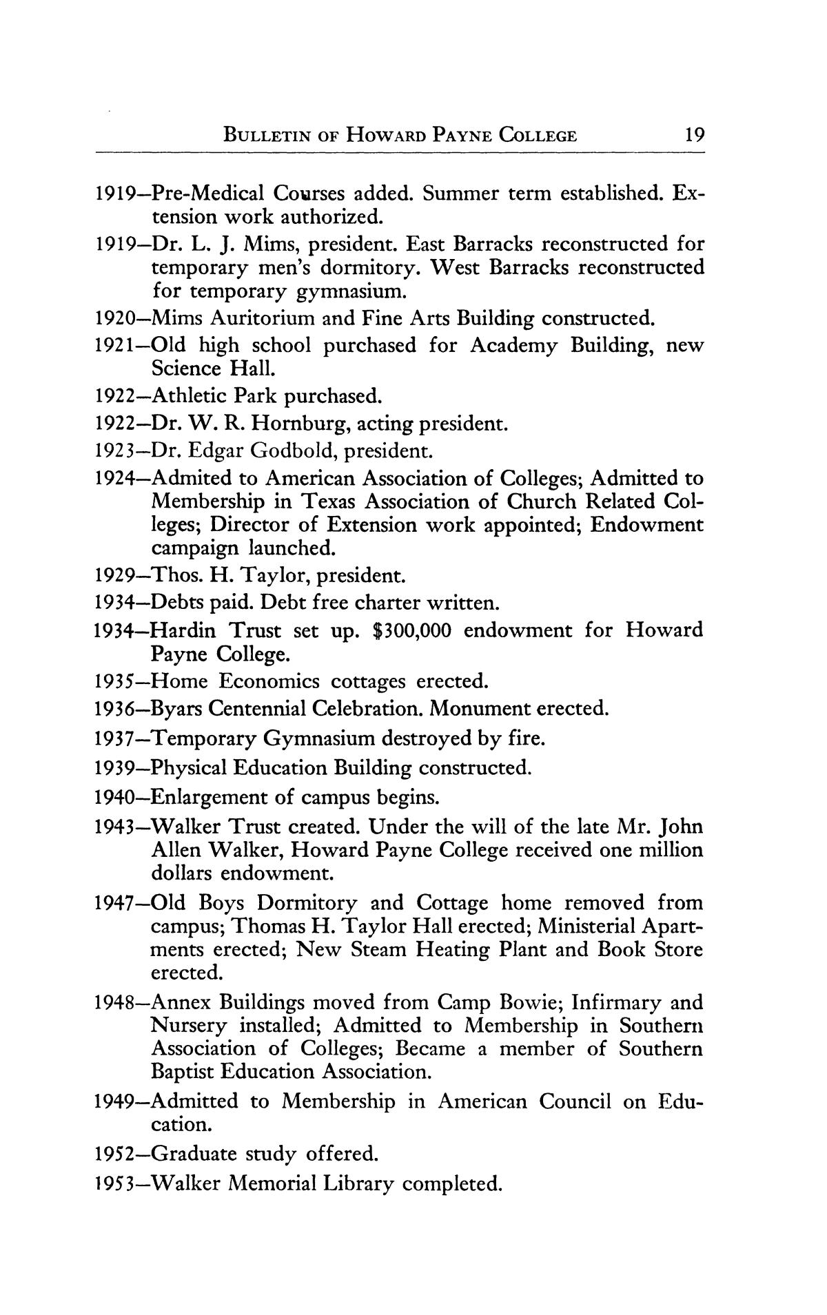 Catalog of Howard Payne College, 1954-1955
                                                
                                                    19
                                                