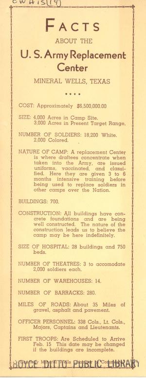 Primary view of object titled 'Facts about the U. S. Army Replacement Center, Mineral Wells, Texas'.