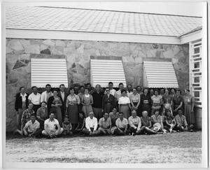 Primary view of object titled '[Group at Glen Lake Camp at the Siceloff Auditorium]'.
