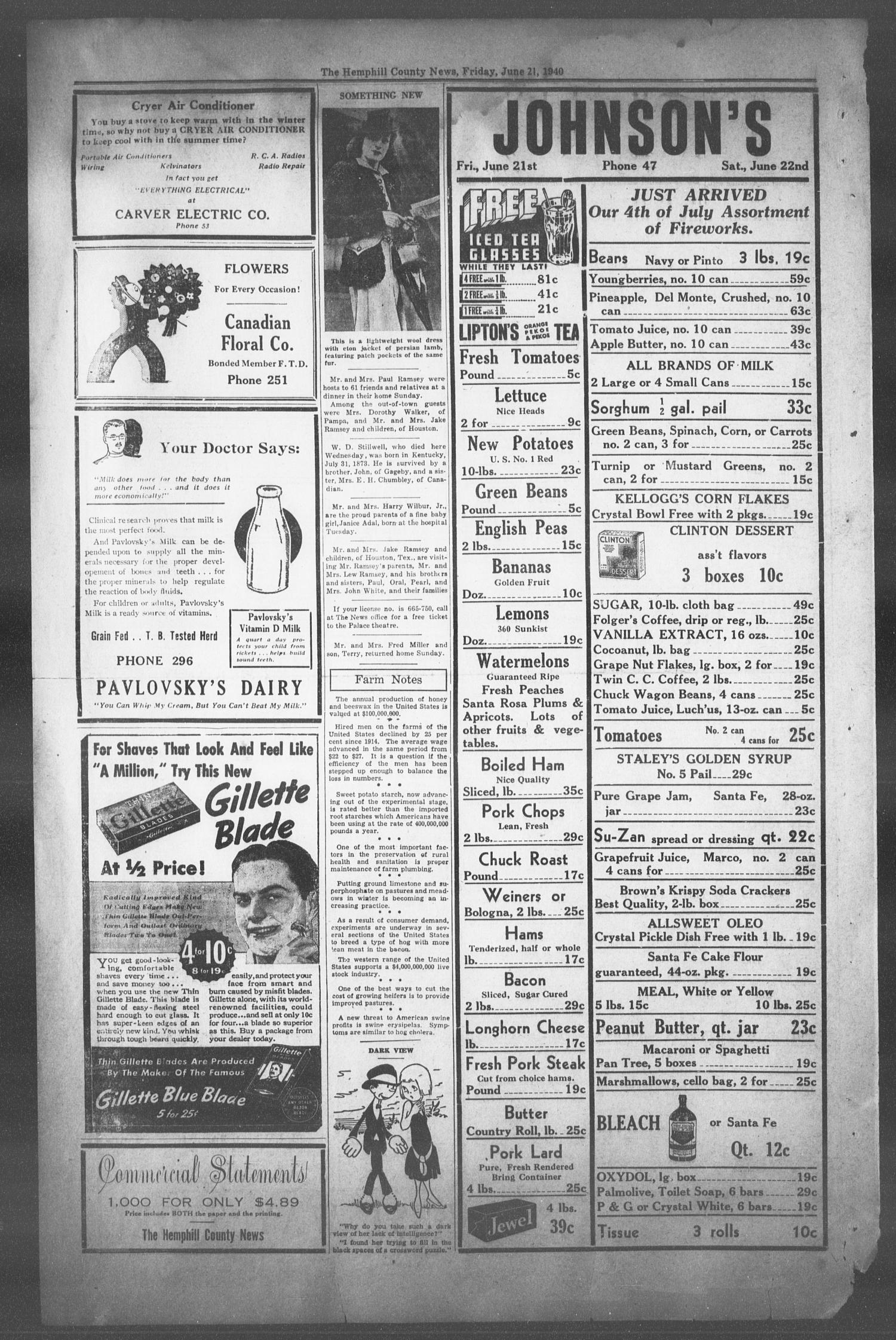 The Hemphill County News (Canadian, Tex), Vol. 2, No. 41, Ed. 1, Friday, June 21, 1940
                                                
                                                    4
                                                