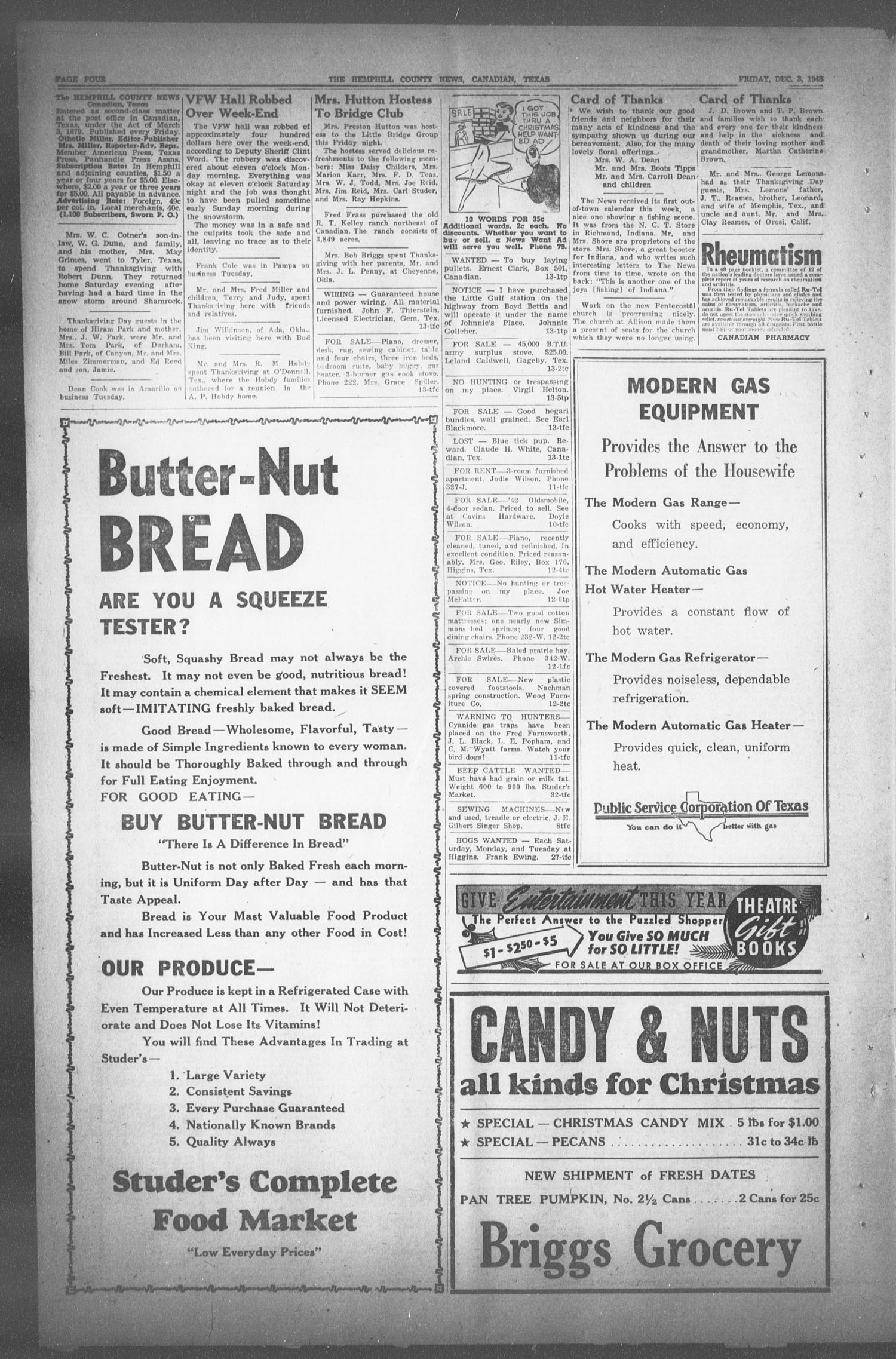 The Hemphill County News (Canadian, Tex), Vol. 11, No. 13, Ed. 1, Friday, December 3, 1948
                                                
                                                    4
                                                