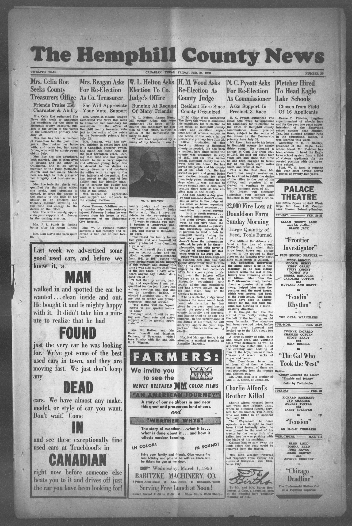 The Hemphill County News (Canadian, Tex), Vol. TWELFTH YEAR, No. 25, Ed. 1, Friday, February 24, 1950
                                                
                                                    1
                                                