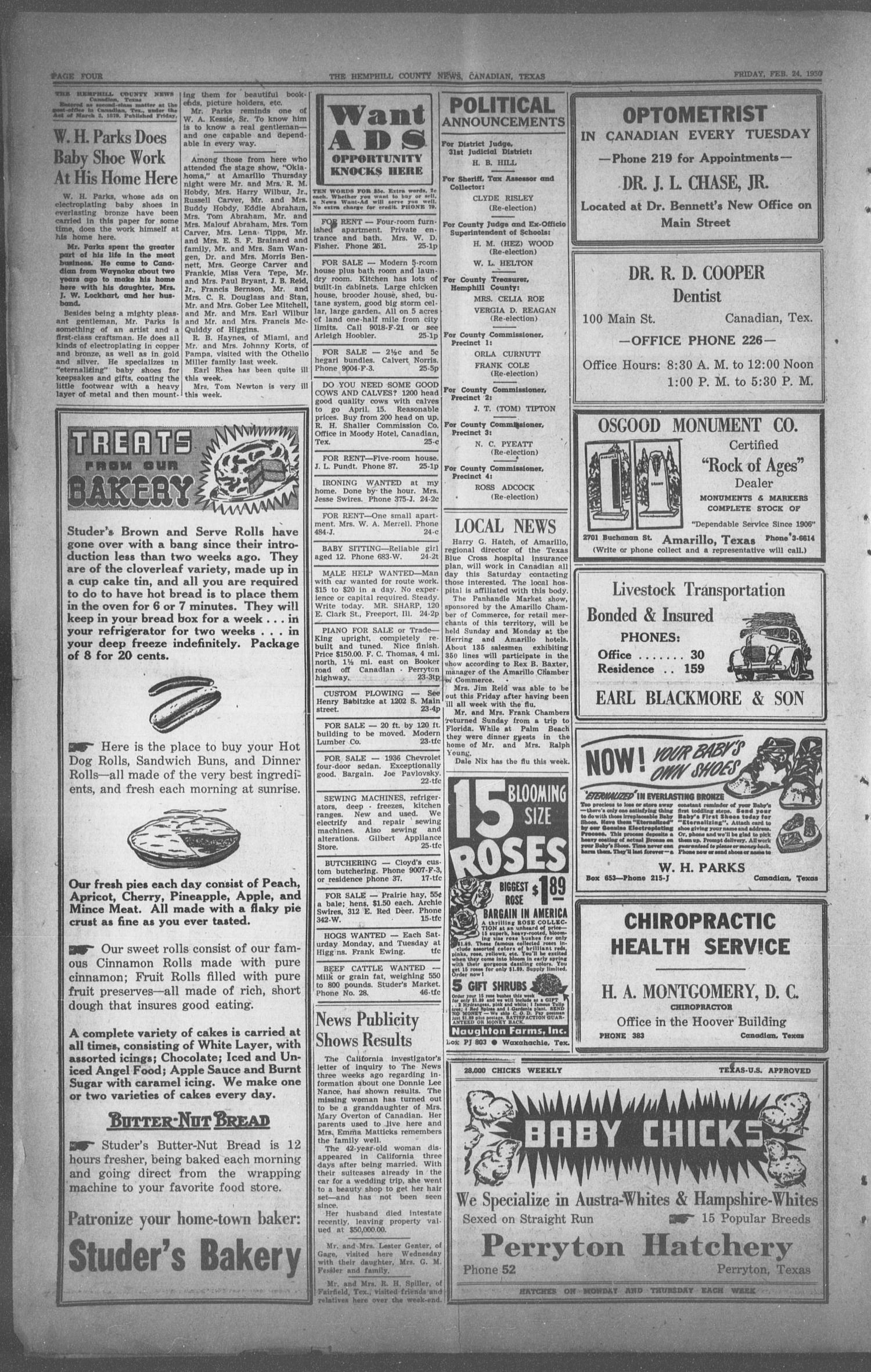 The Hemphill County News (Canadian, Tex), Vol. TWELFTH YEAR, No. 25, Ed. 1, Friday, February 24, 1950
                                                
                                                    4
                                                