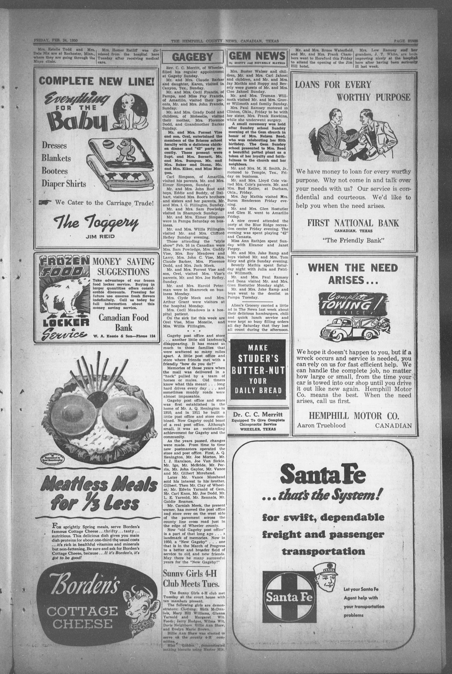 The Hemphill County News (Canadian, Tex), Vol. TWELFTH YEAR, No. 25, Ed. 1, Friday, February 24, 1950
                                                
                                                    5
                                                