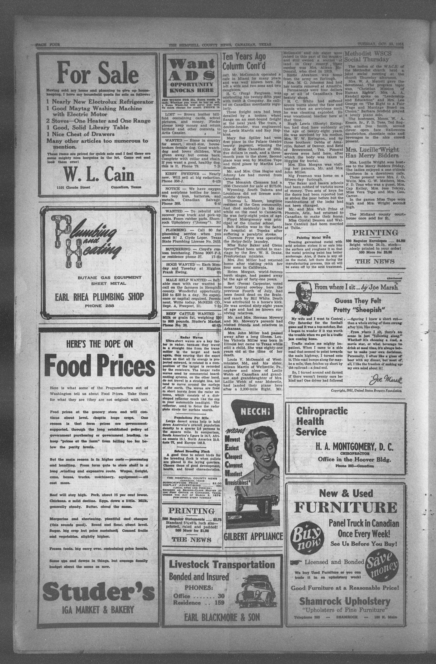 The Hemphill County News (Canadian, Tex), Vol. FOURTEENTH YEAR, No. 7, Ed. 1, Tuesday, October 23, 1951
                                                
                                                    4
                                                