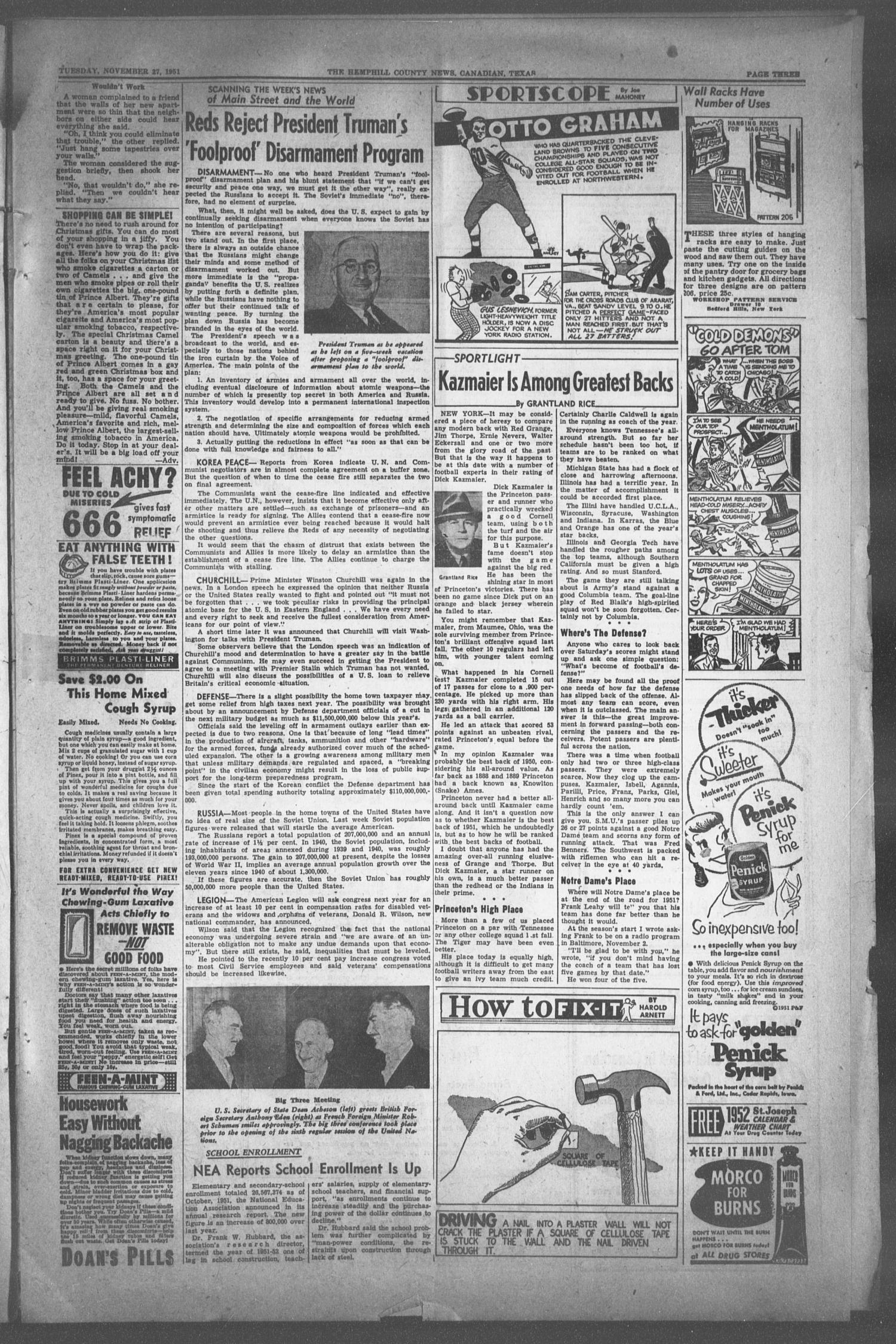 The Hemphill County News (Canadian, Tex), Vol. FOURTEENTH YEAR, No. 12, Ed. 1, Tuesday, November 27, 1951
                                                
                                                    3
                                                