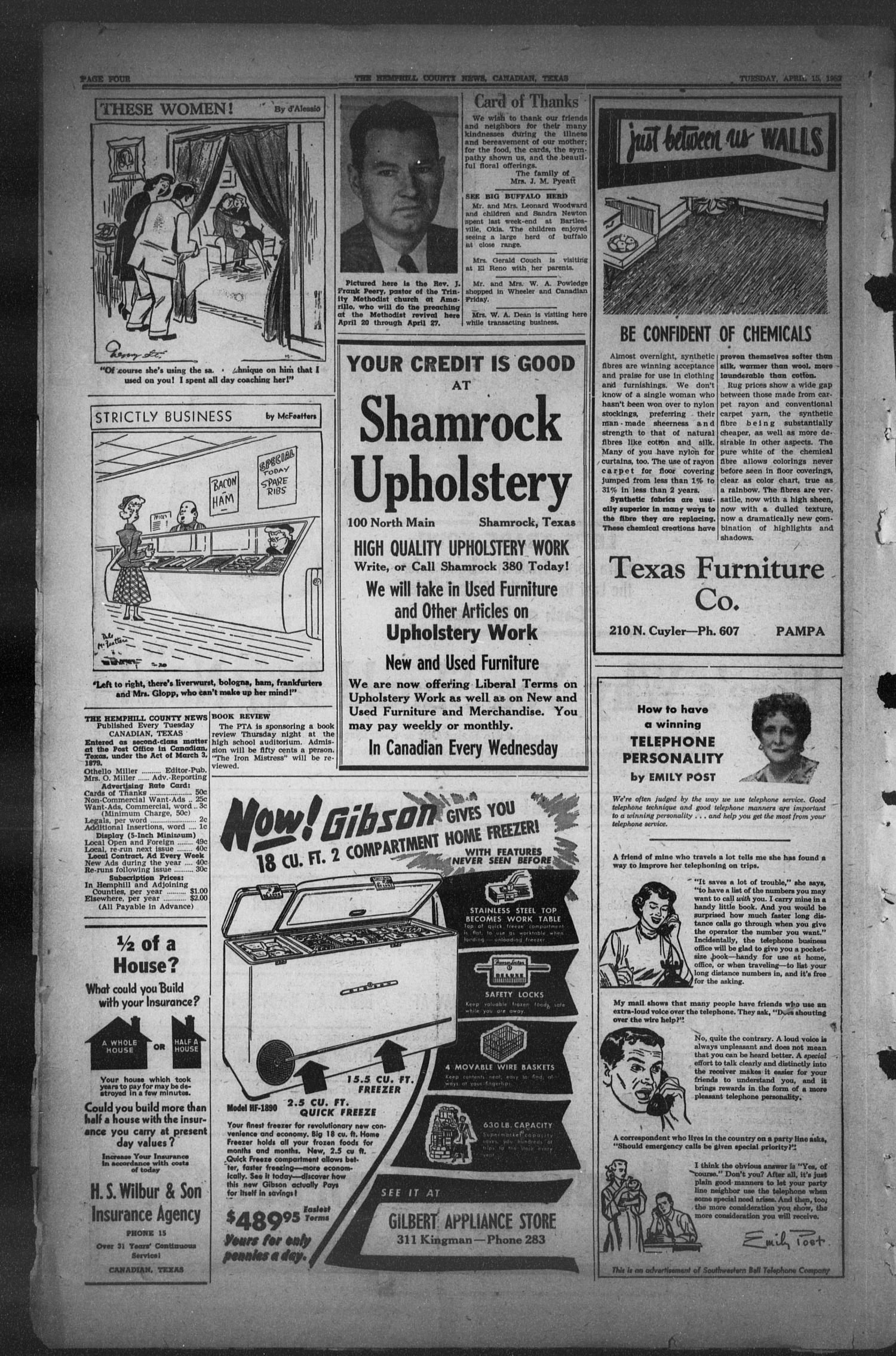 The Hemphill County News (Canadian, Tex), Vol. 14, No. 32, Ed. 1, Tuesday, April 15, 1952
                                                
                                                    4
                                                