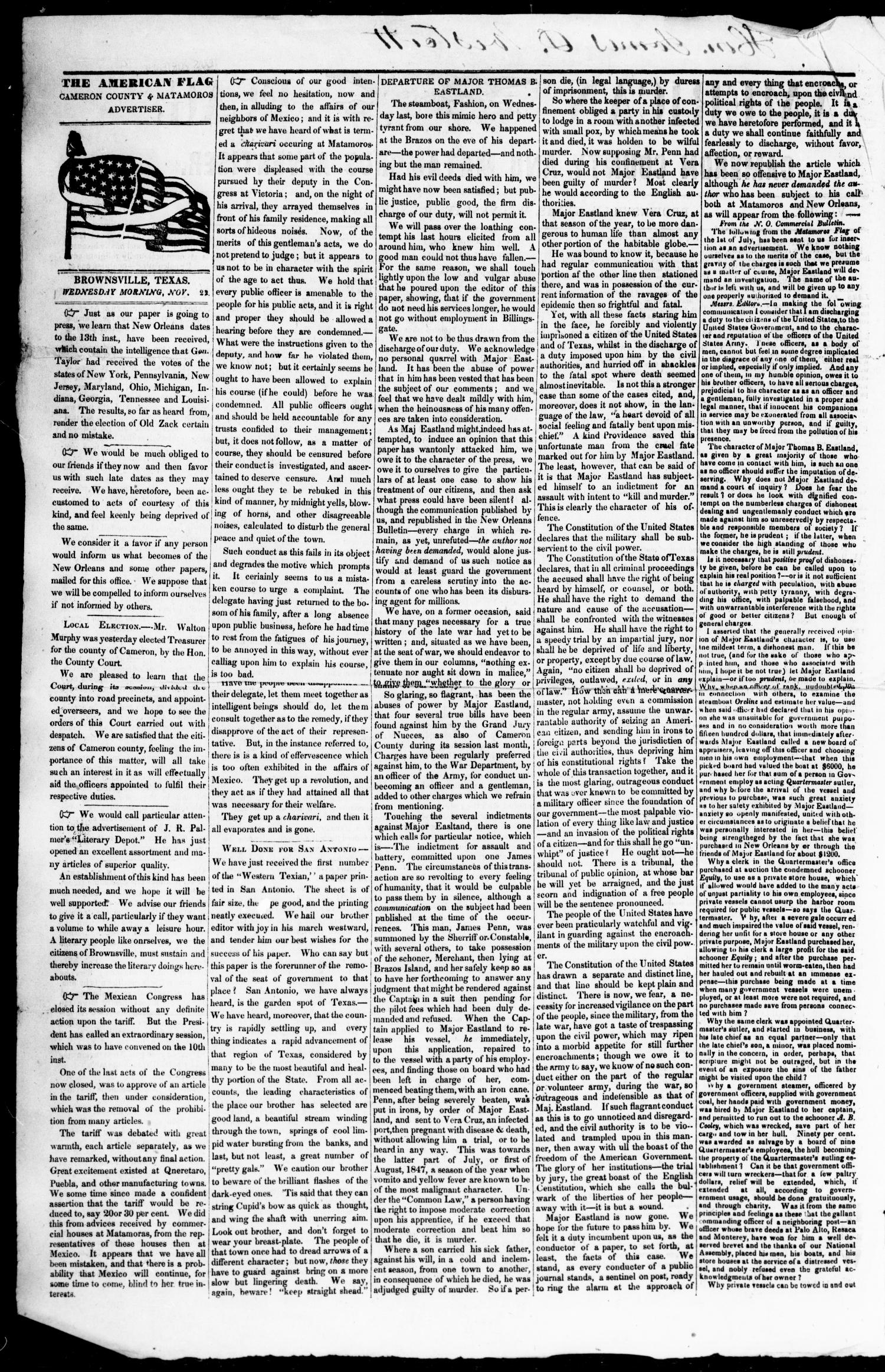 American Flag, Cameron County and Matamoros Advertiser. (Brownsville, Tex.), Vol. 3, No. 235, Ed. 1 Wednesday, November 22, 1848
                                                
                                                    [Sequence #]: 2 of 4
                                                