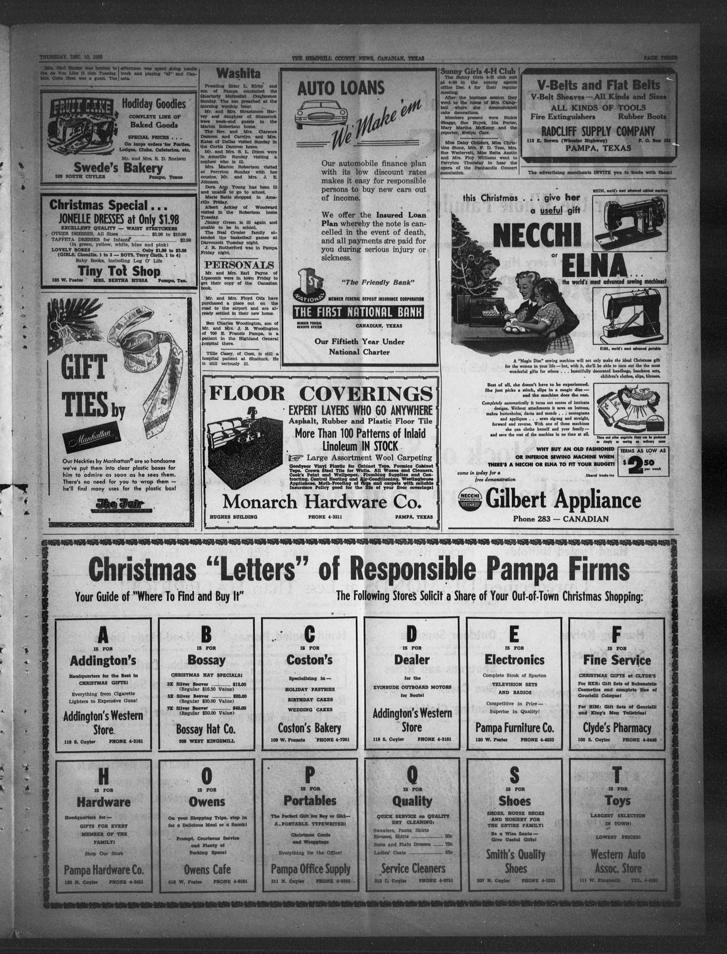 The Hemphill County News (Canadian, Tex), Vol. 16, No. 14, Ed. 1, Thursday, December 10, 1953
                                                
                                                    3
                                                