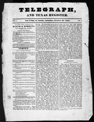 Primary view of object titled 'Telegraph and Texas Register (San Felipe de Austin [i.e. San Felipe], Tex.), Vol. 1, No. 4, Ed. 1, Saturday, October 31, 1835'.
