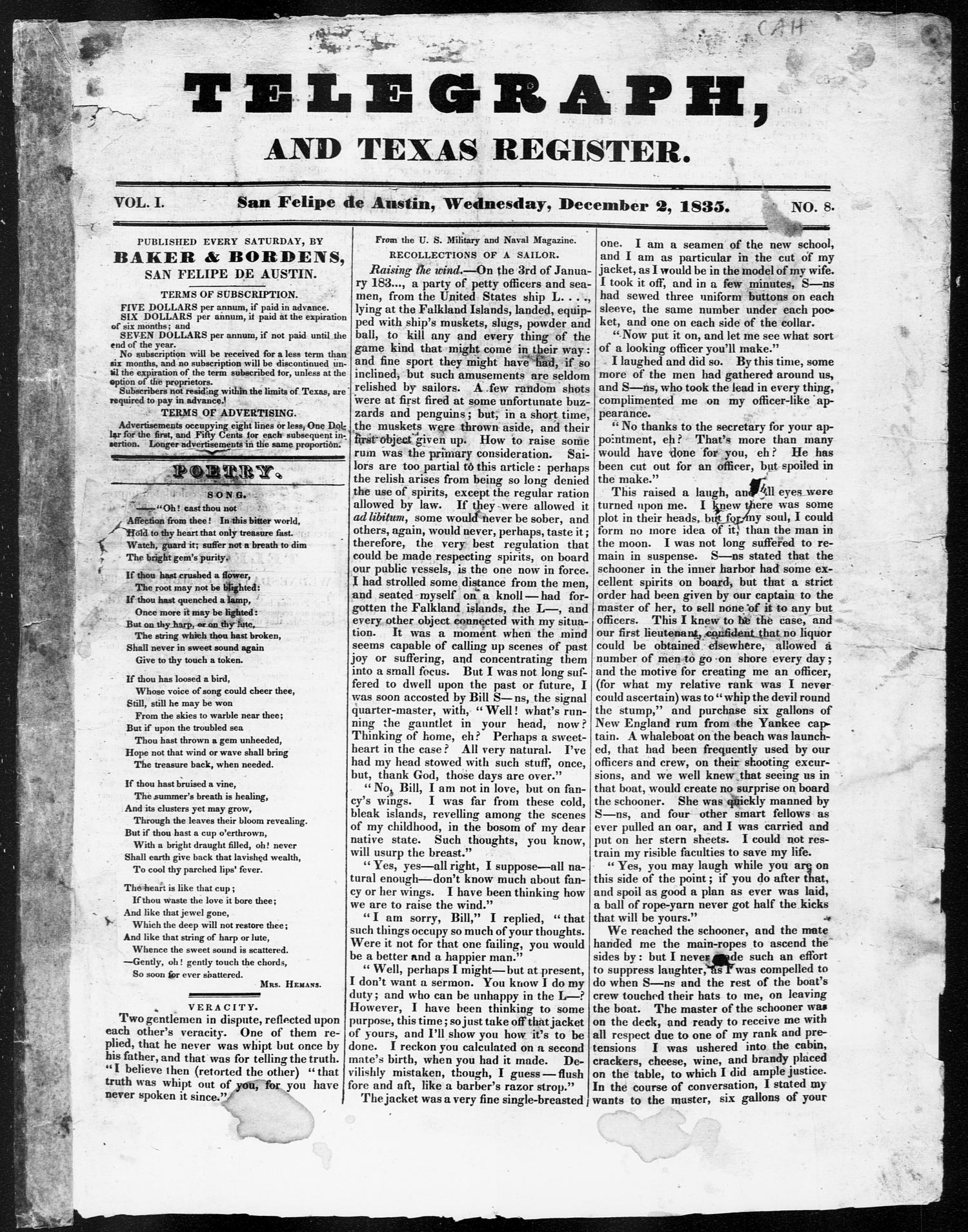 Telegraph and Texas Register (San Felipe de Austin [i.e. San Felipe], Tex.), Vol. 1, No. 8, Ed. 1, Wednesday, December 2, 1835
                                                
                                                    [Sequence #]: 1 of 8
                                                