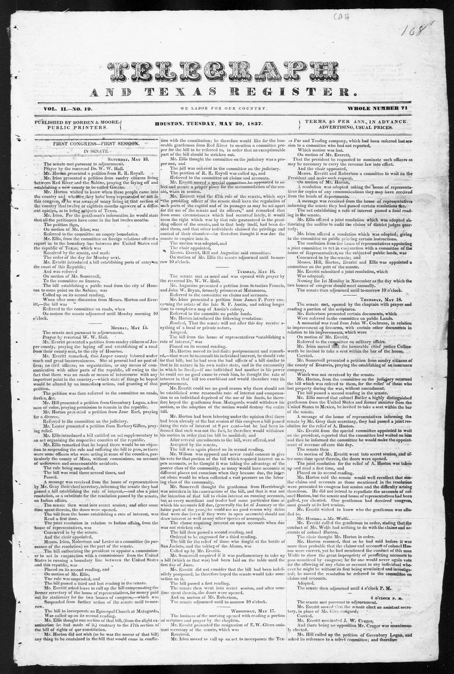 Telegraph and Texas Register (Houston, Tex.), Vol. 2, No. 19, Ed. 1, Tuesday, May 30, 1837
                                                
                                                    [Sequence #]: 1 of 4
                                                