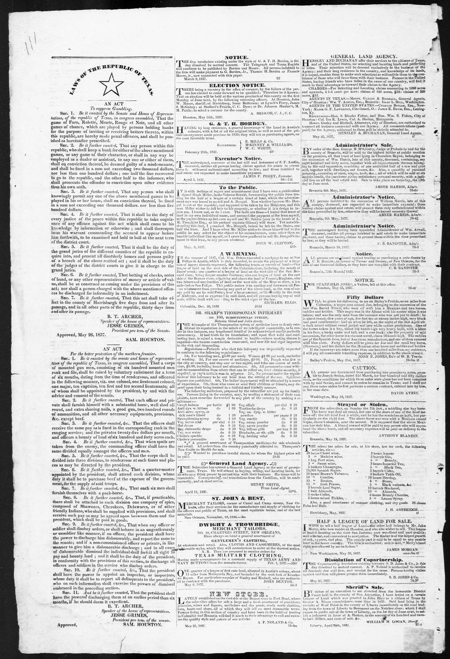Telegraph and Texas Register (Houston, Tex.), Vol. 2, No. 19, Ed. 1, Tuesday, May 30, 1837
                                                
                                                    [Sequence #]: 4 of 4
                                                