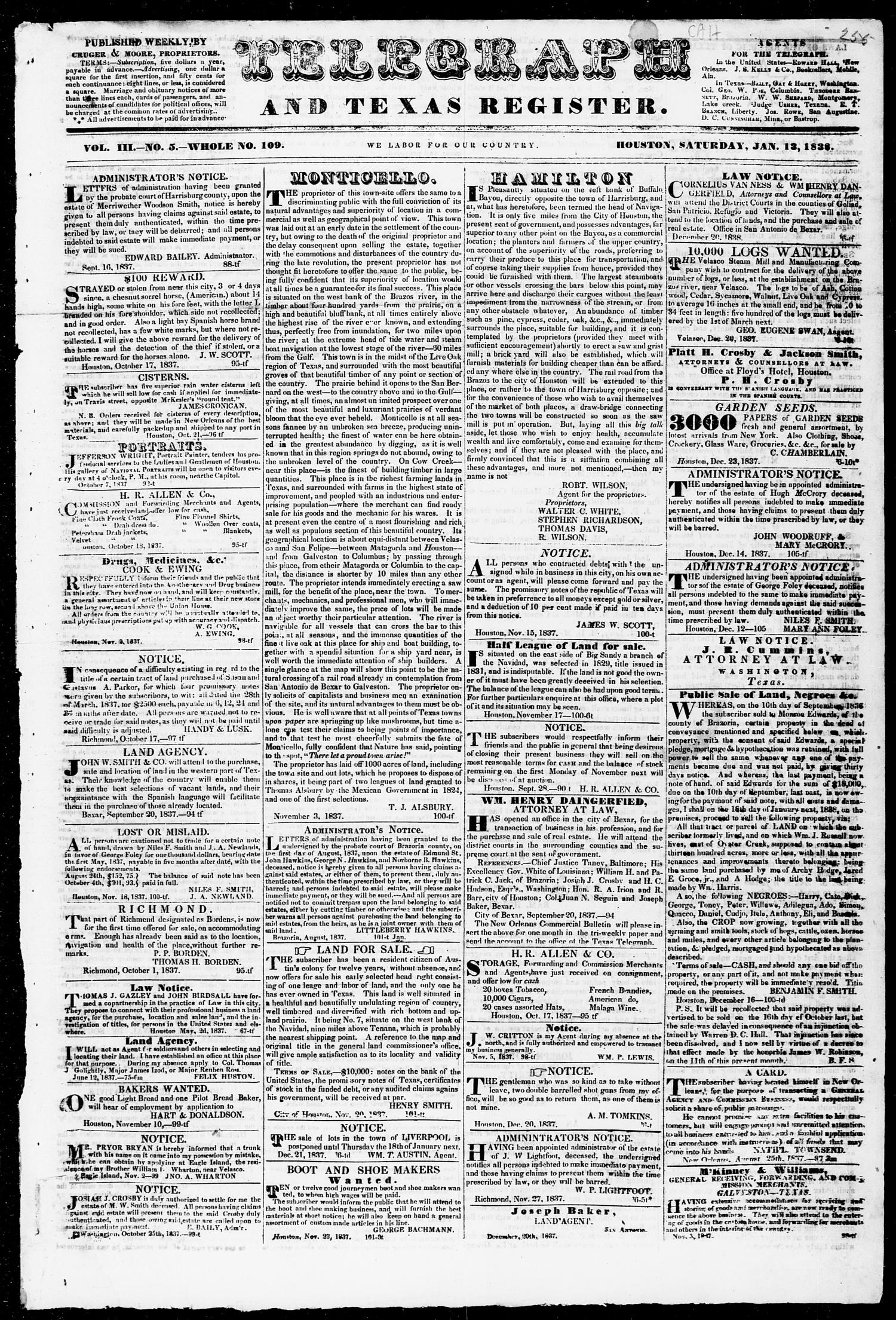 Telegraph and Texas Register (Houston, Tex.), Vol. 3, No. 5, Ed. 1, Saturday, January 13, 1838
                                                
                                                    [Sequence #]: 1 of 4
                                                
