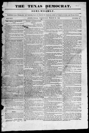 Primary view of object titled 'The Texas Democrat (Austin, Tex.), Vol. 1, No. 13, Ed. 1, Wednesday, March 25, 1846'.