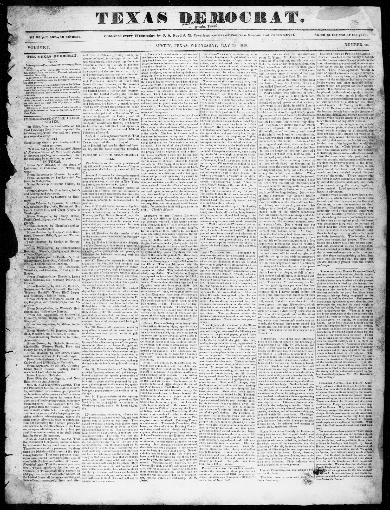 The Texas Democrat (Austin, Tex.), Vol. 1, No. 20, Ed. 1, Wednesday, May 20, 1846
                                                
                                                    [Sequence #]: 1 of 4
                                                