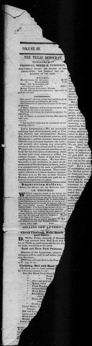 Primary view of object titled 'The Texas Democrat (Austin, Tex.), Vol. 3, No. 12, Ed. 1, Saturday, February 12, 1848'.