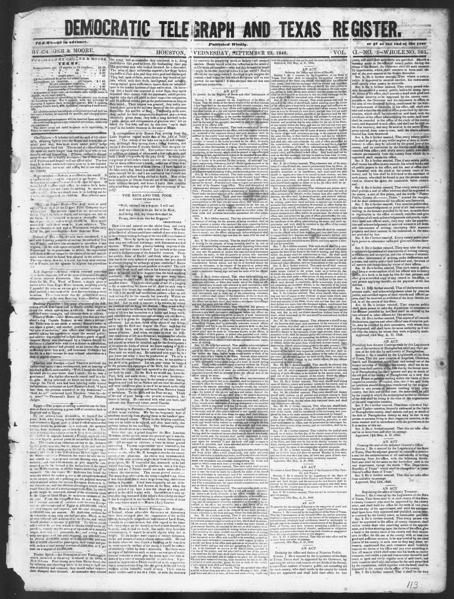 Democratic Telegraph and Texas Register (Houston, Tex.), Vol. 11, No. 38, Ed. 1, Wednesday, September 23, 1846
                                                
                                                    [Sequence #]: 1 of 4
                                                