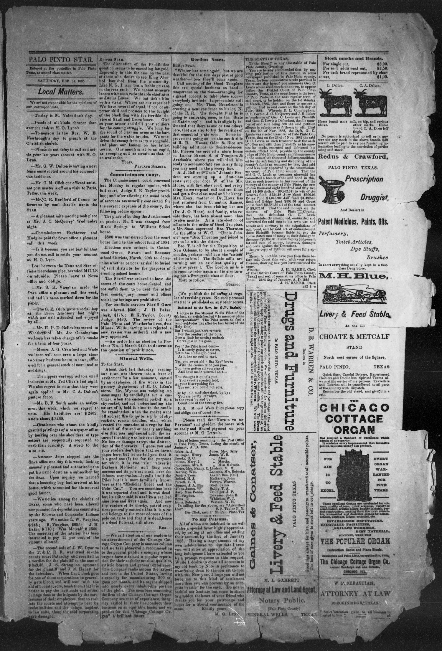The Palo Pinto Star (Palo Pinto, Tex.), Vol. 6, No. 35, Ed. 1, Saturday, February 14, 1885
                                                
                                                    [Sequence #]: 3 of 4
                                                