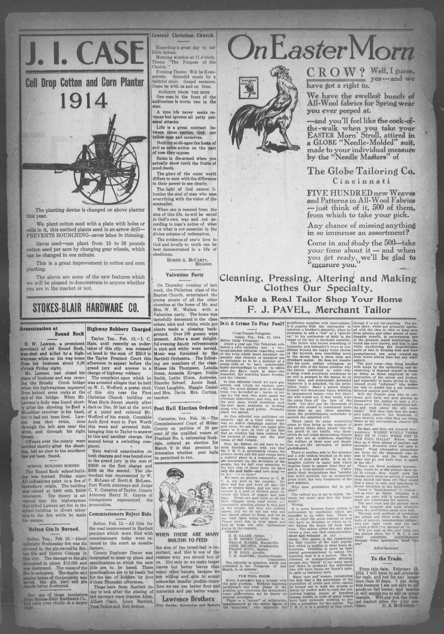 The Bartlett Tribune and News (Bartlett, Tex.), Vol. 28, No. 30, Ed. 1, Friday, February 20, 1914
                                                
                                                    [Sequence #]: 3 of 8
                                                