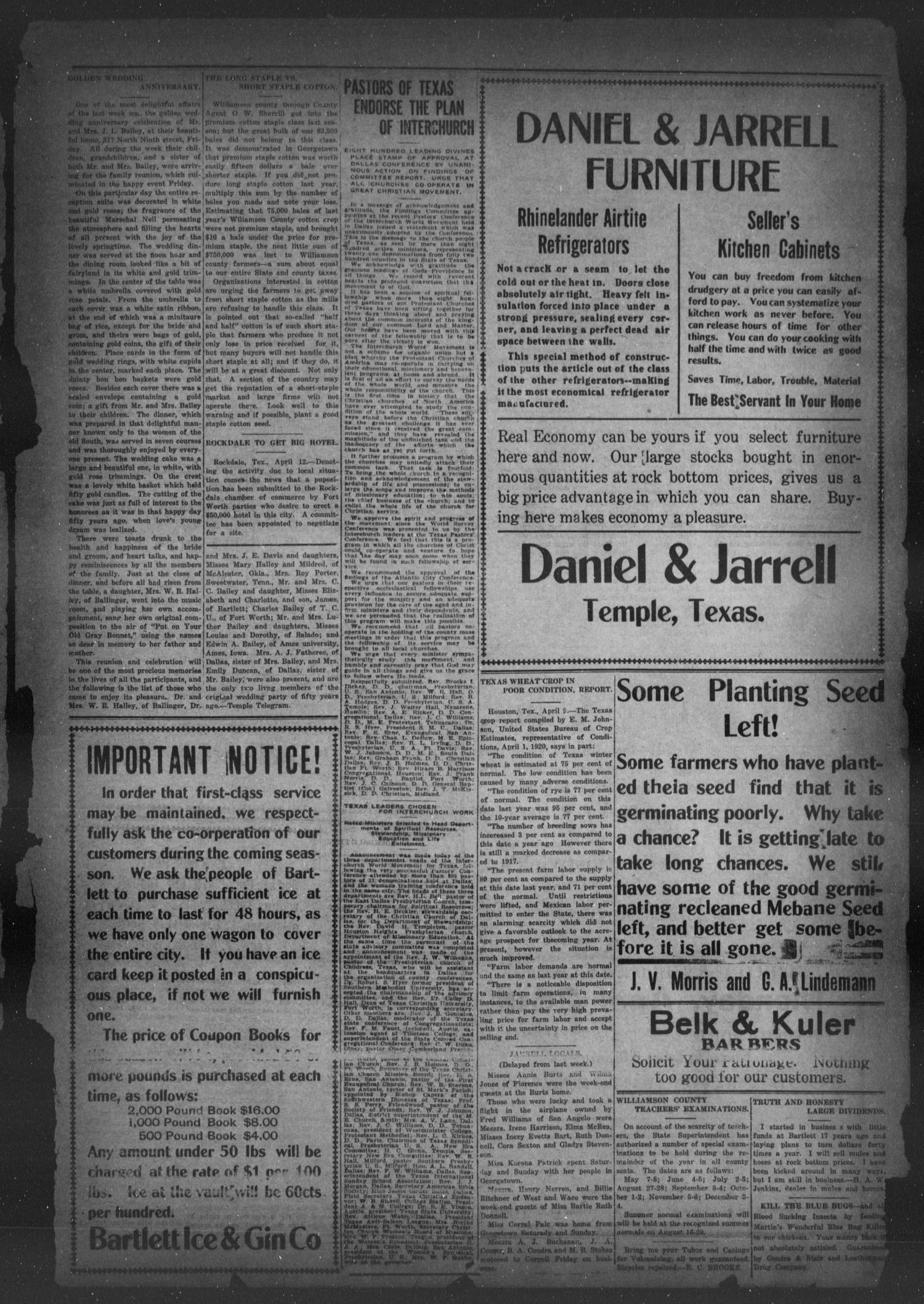 The Bartlett Tribune and News (Bartlett, Tex.), Vol. 34, No. 44, Ed. 1, Friday, April 23, 1920
                                                
                                                    [Sequence #]: 3 of 8
                                                