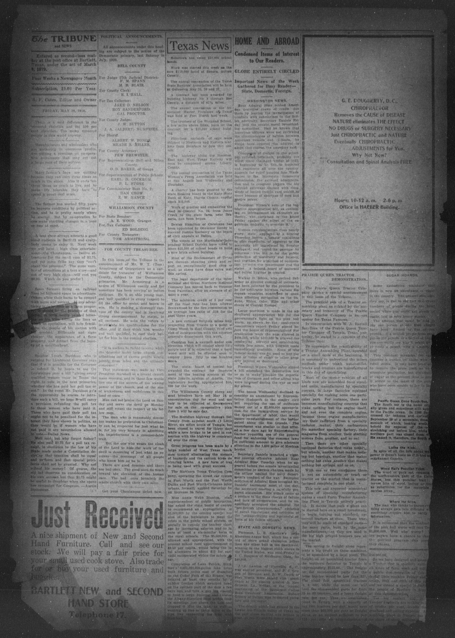 The Bartlett Tribune and News (Bartlett, Tex.), Vol. 34, No. 49, Ed. 1, Friday, May 28, 1920
                                                
                                                    [Sequence #]: 4 of 8
                                                