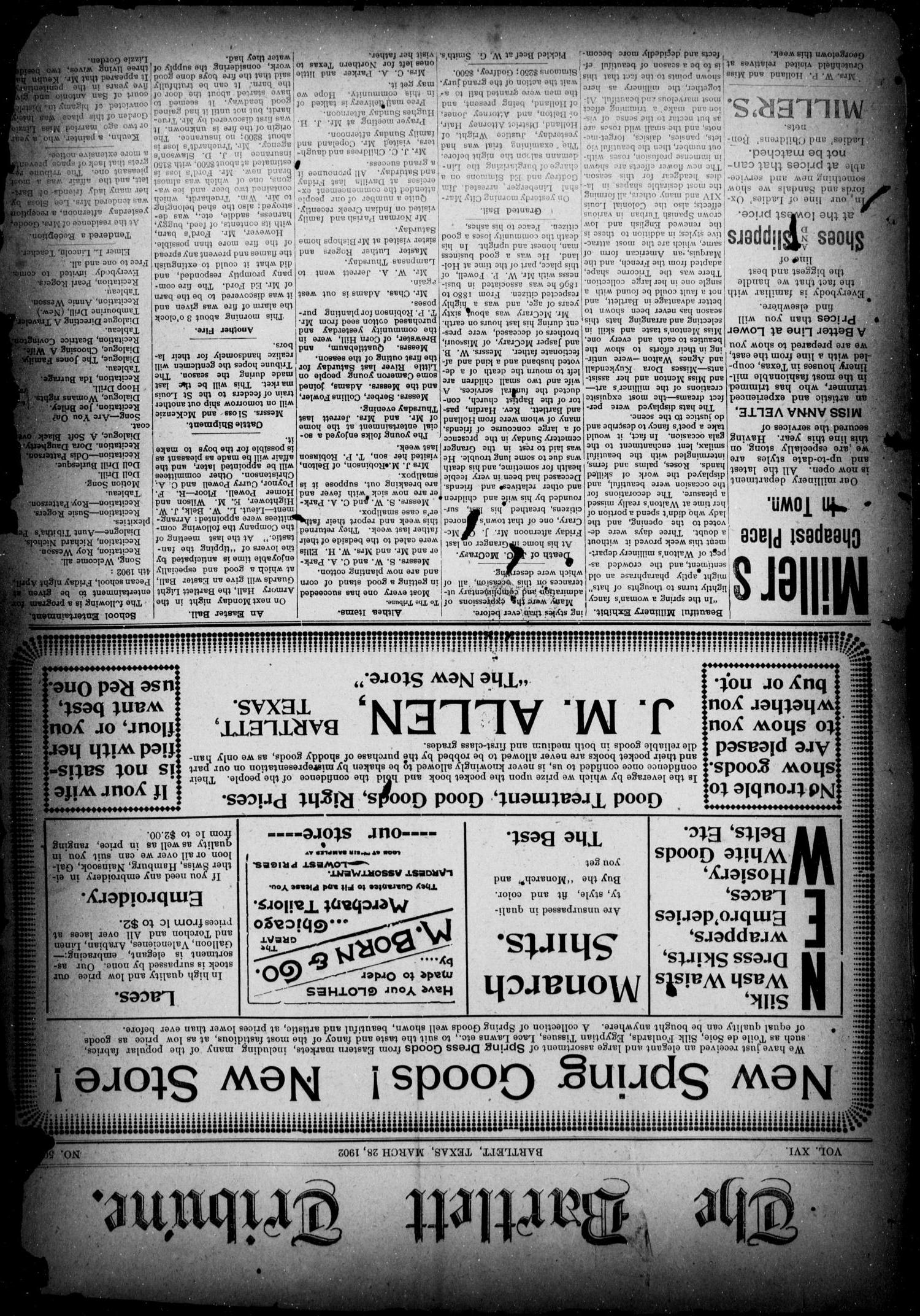The Bartlett Tribune (Bartlett, Tex.), Vol. 16, No. 50, Ed. 1, Friday, March 28, 1902
                                                
                                                    [Sequence #]: 1 of 8
                                                