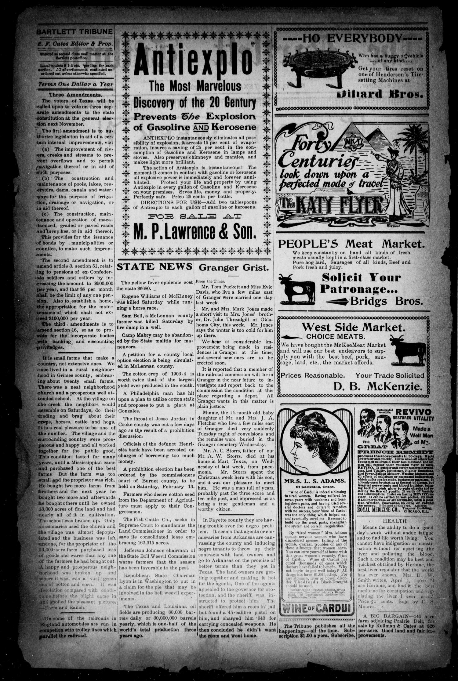 The Bartlett Tribune (Bartlett, Tex.), Vol. 18, No. 41, Ed. 1, Friday, February 5, 1904
                                                
                                                    [Sequence #]: 2 of 8
                                                