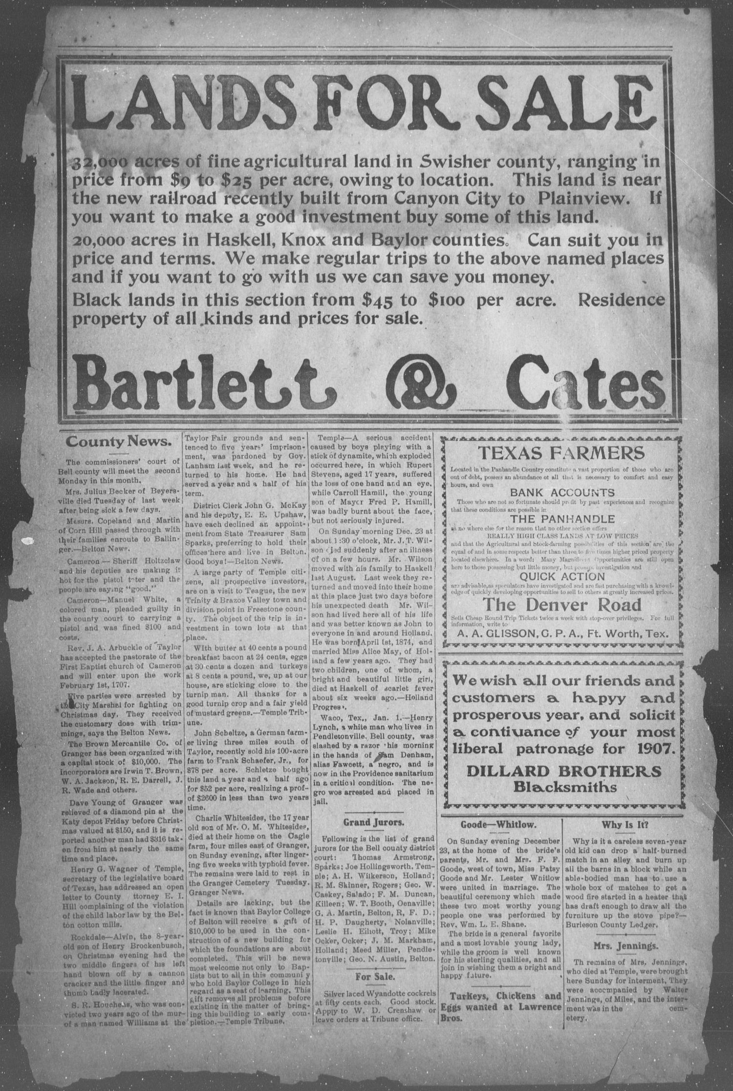 The Bartlett Tribune (Bartlett, Tex.), Vol. 21, No. 35, Ed. 1, Friday, January 4, 1907
                                                
                                                    [Sequence #]: 3 of 8
                                                